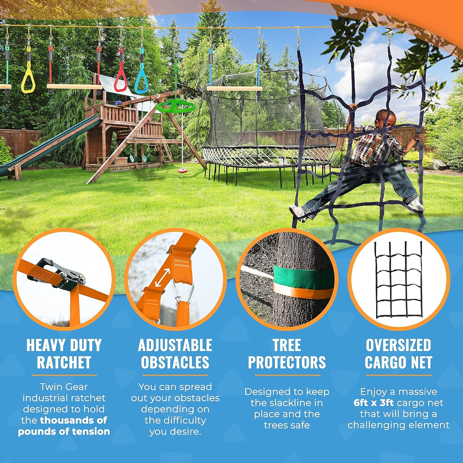 Hyponix 50' Ninja Warrior Obstacle Course for Kids - Weatherproof - Ninja Slackline - Kids Obstacle Course - Ninja Course for Kids Outside - Kids Ninja Warrior Obstacle Course - Ninja Slack Line : Toys & Games