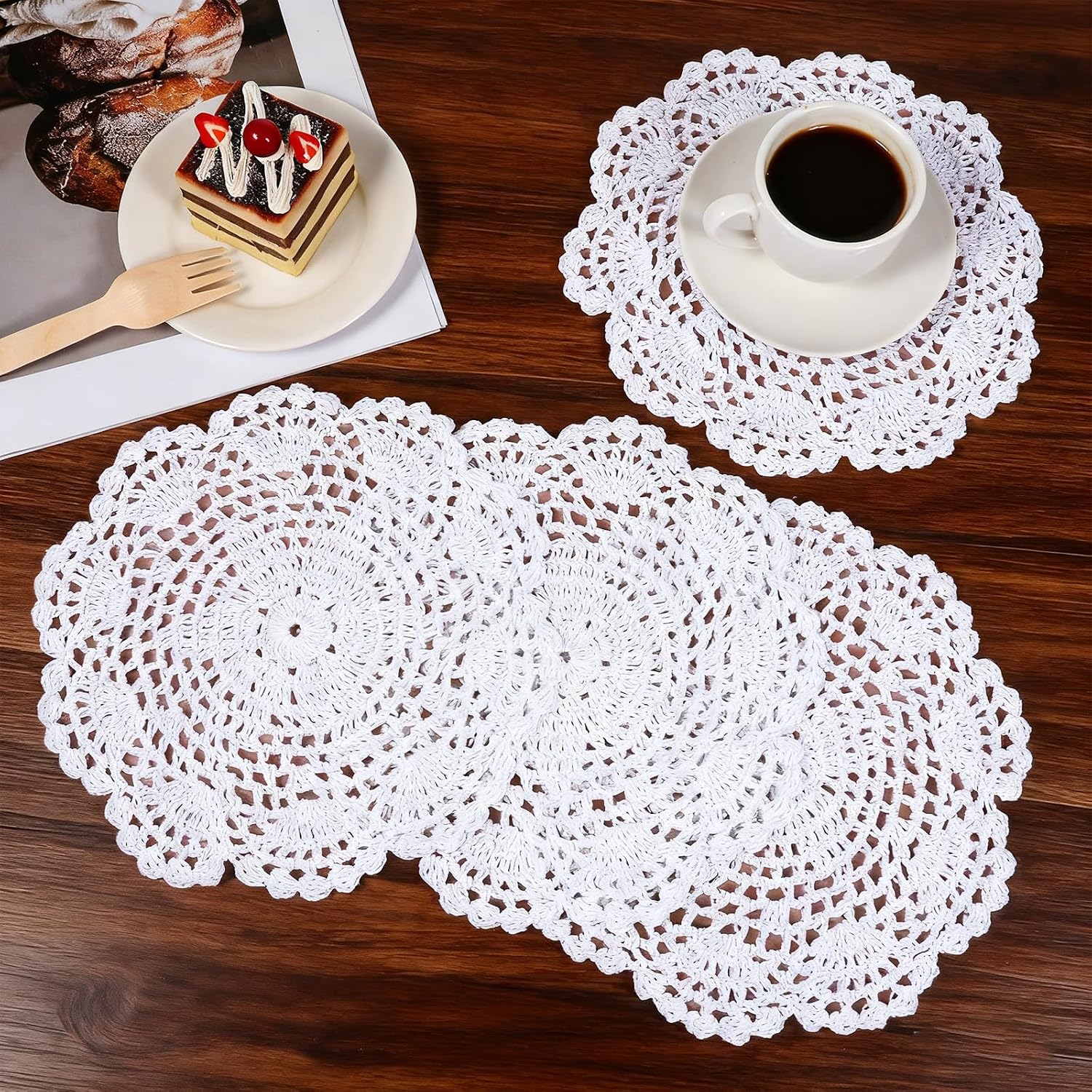 4pcs White Cotton Lace Doilies for Tables 8 Inches Round Vintage Crochet Placemats Cotton Handmade Crafts Tables Food Bulk Doily Cloth Corrugated Edge Knitted Coasters or Wedding Birthday Party Decor