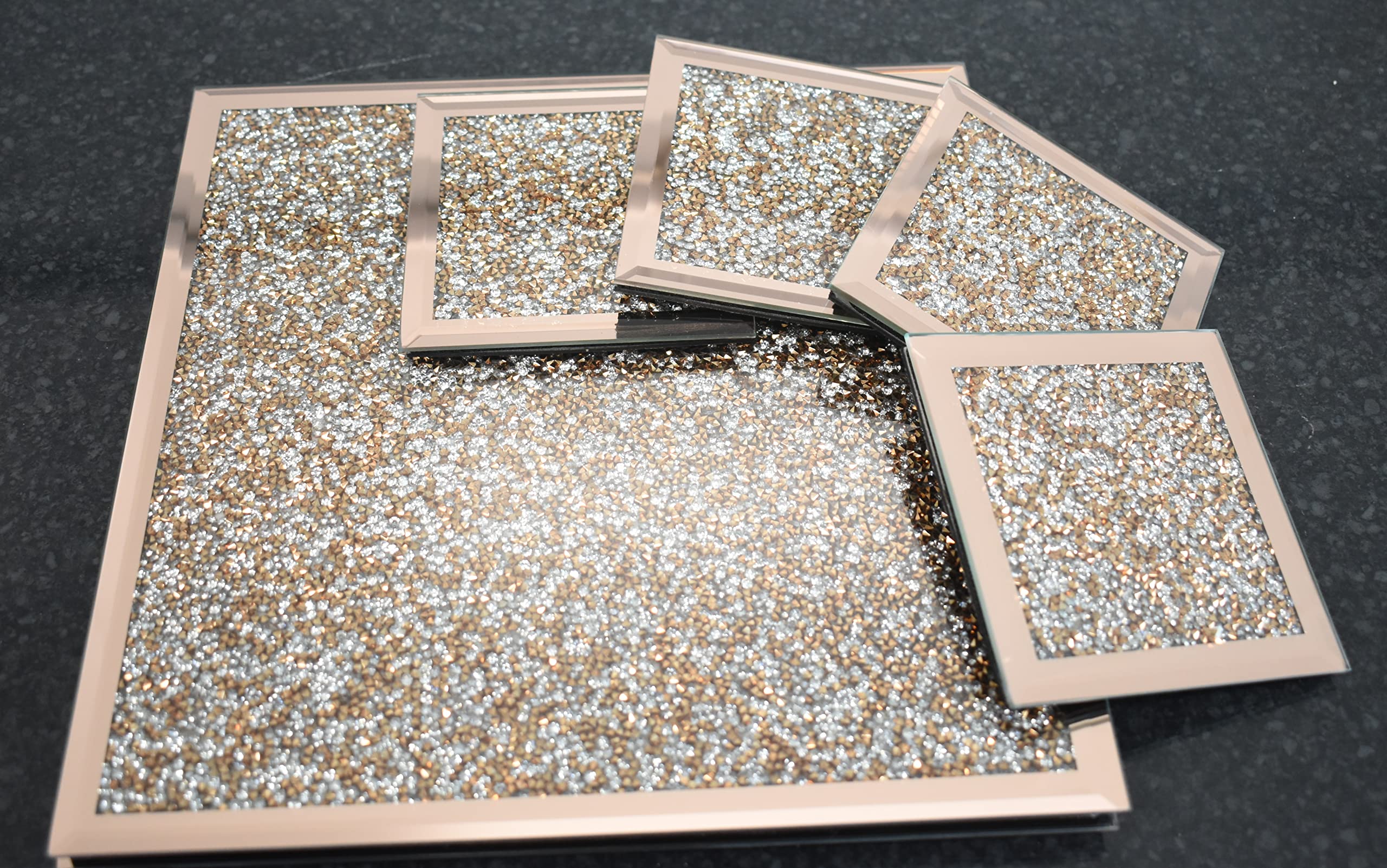 Deenz Set Of Coasters & Placemats Crushed Crystal Sparkle Diamond Rose Gold Glitter Mirrored Home Décor Eye Catching Lovely Display For Decor