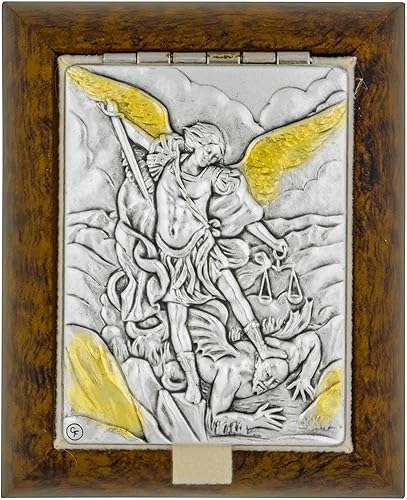 Pequeña caja decorativa de recuerdo de rosario con placa de San Miguel Arcángel