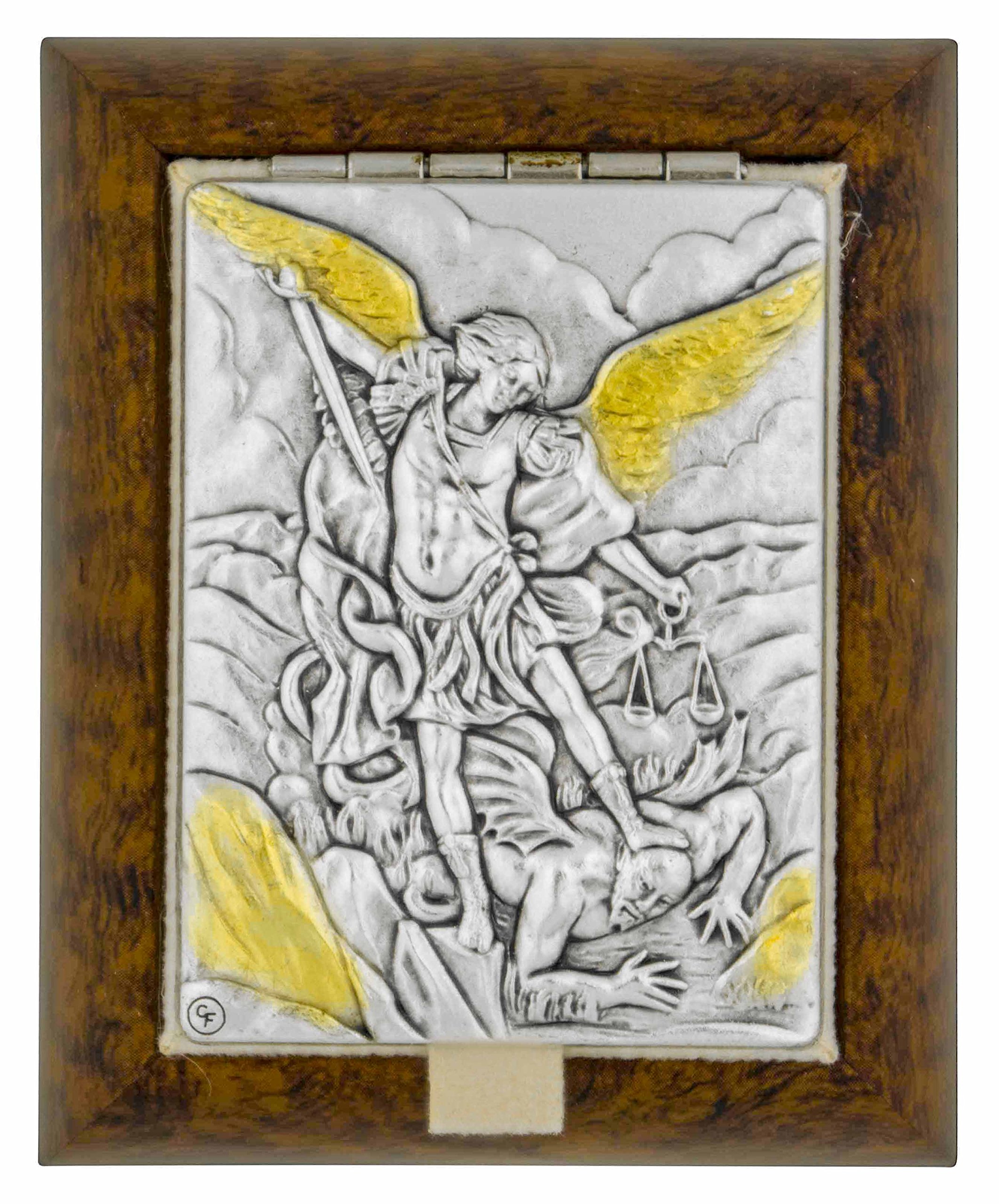 Venerare 3" Saint and Holy Figure Rosary Box | Features 6 Different Plaques | Beautiful Silver Plates with Gold Accents | Elegant Wood Grain Case | Christian Home Goods Small VI2769-80