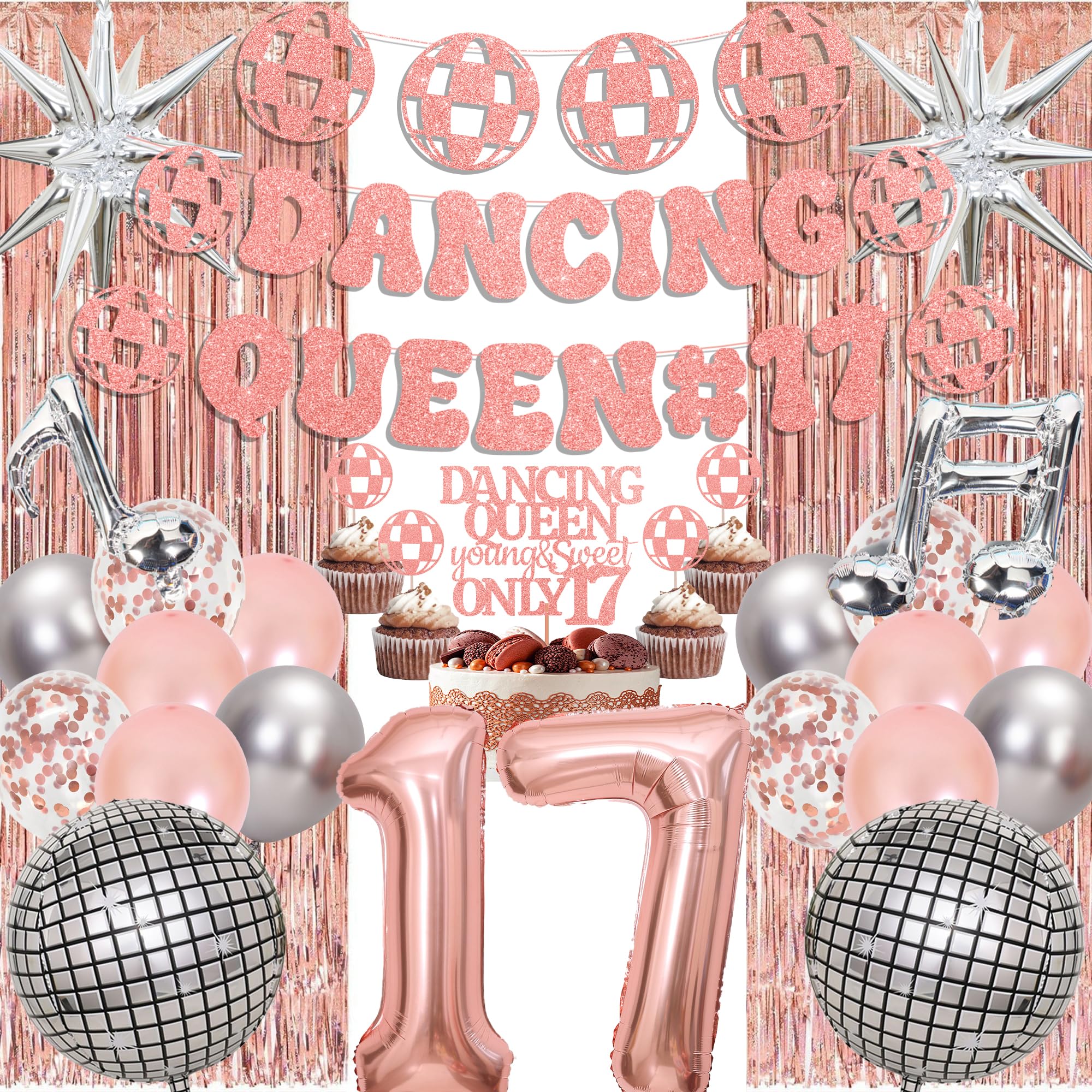 17th Birthday Decorations Balloons Kit - 26 Pcs Rose Gold Dancing Queen Banner Disco Balloon Explode Star Number 17 Cake Topper Pull Flag Fringe Curtains For 17th Sweet Girl Birthday Disco Theme Party