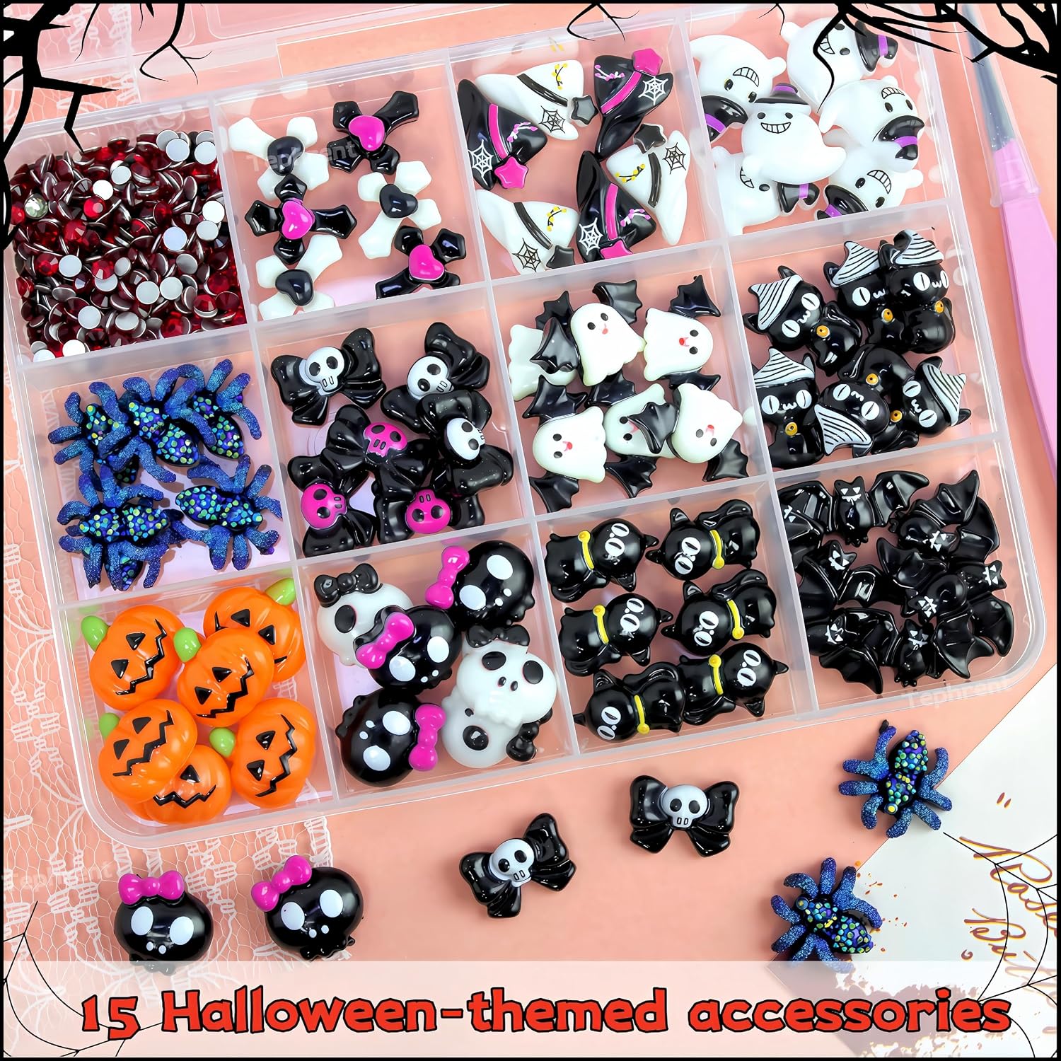 12 Grids Halloween Resin Nail Charms 3D Vintage Punk Spider Skull Pumpkin Ghost Bat Nail Art Charms Cute Wizard Hat Bows Cross Dark Red Flat-Back Red Diamond Nail Supplies for DIY Crafts Accessories image 3
