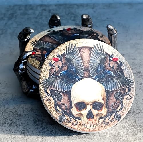 Miniatura 8 de Ebros Gothic Alchemy Clutch of the Dead - Juego de posavasos de resina con 4 posavasos de calavera, cuervo, azulejos, protector de muebles, osario,