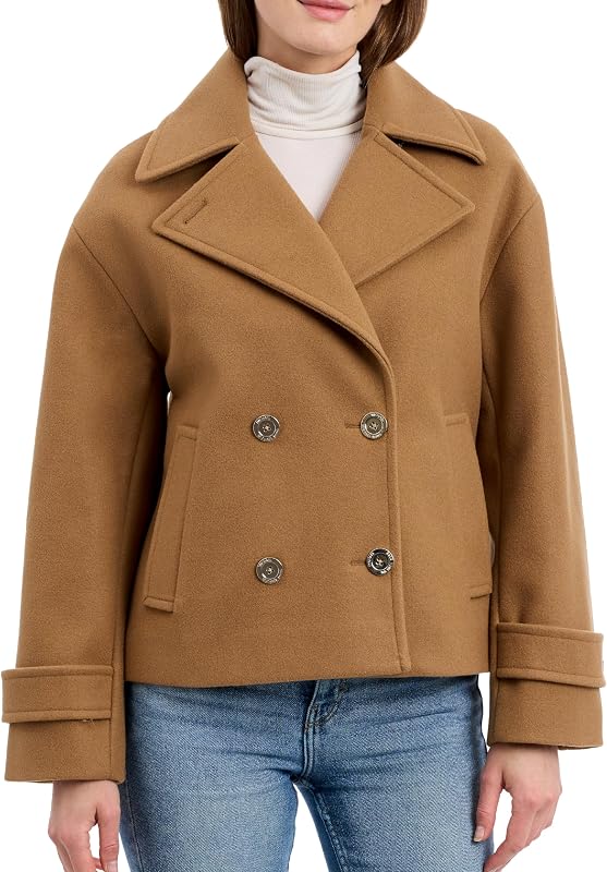 Women's Double Button Short Peacoat With Faux Wool, Stylish Wool Coat for Women, Belted Wrap Design