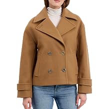 Michael Kors Womens Double Button Short Peacoat With Faux Wool, Stylish Wool Coat for Women, Belted Wrap Design