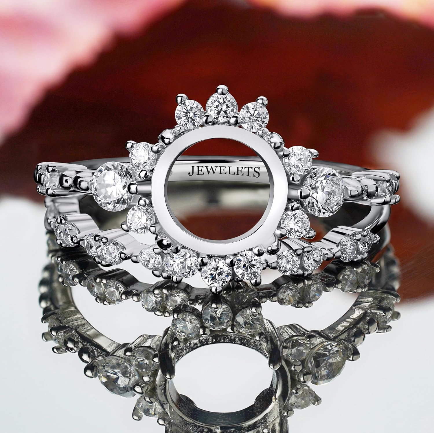 925 Silver Ring Blank – 8 mm Halo Setting with 10 CZ and 4 Side Stones, Rhodium Plated – Fine Jewelry for Custom Engagement or Statement Rings