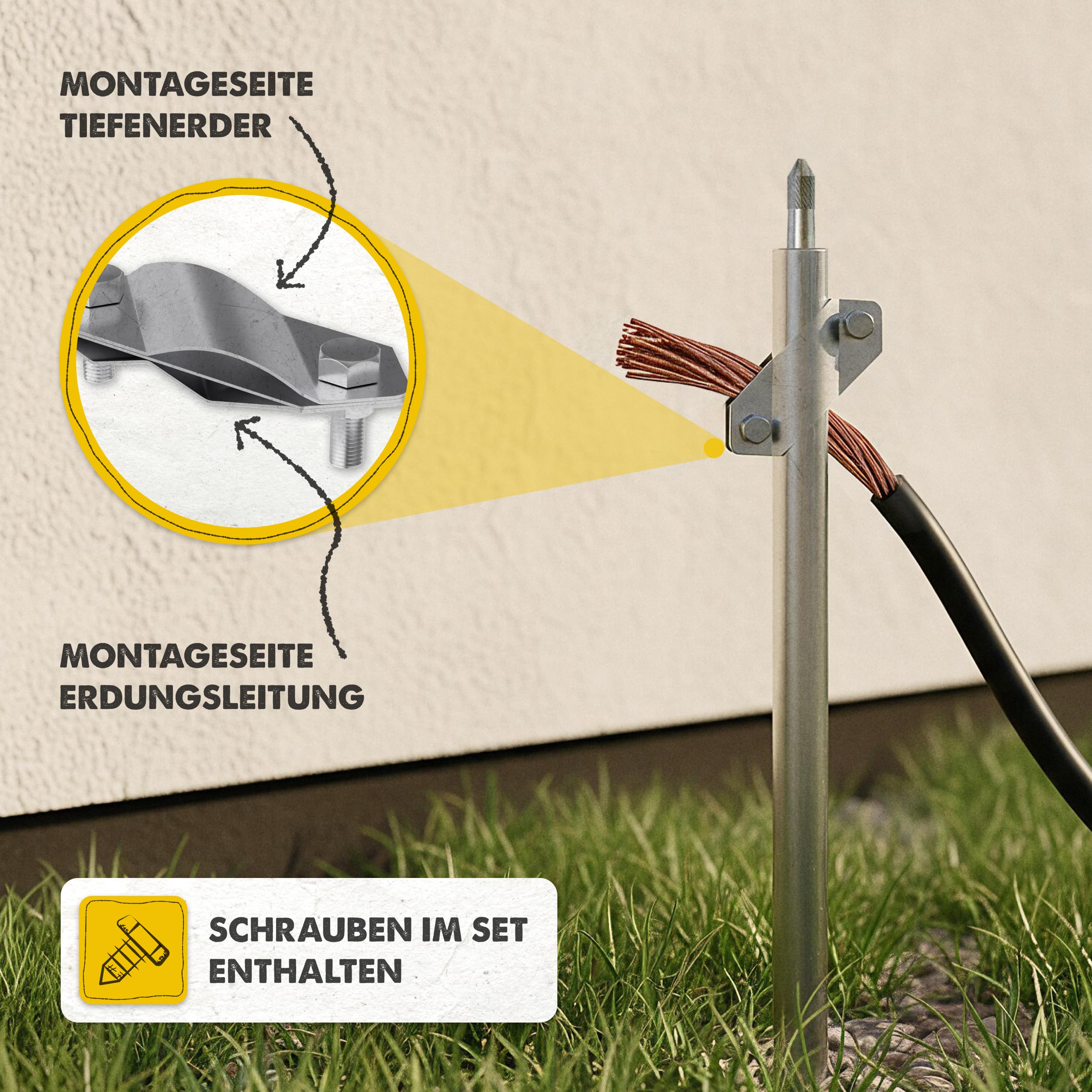 Set completo da 3 m, diametro 20 mm, in acciaio inox V4A, picchetto di messa a terra, picchetto di terra, picchetto di terra, cavo di messa a terra, binario di messa a terra, nastro di messa a terra