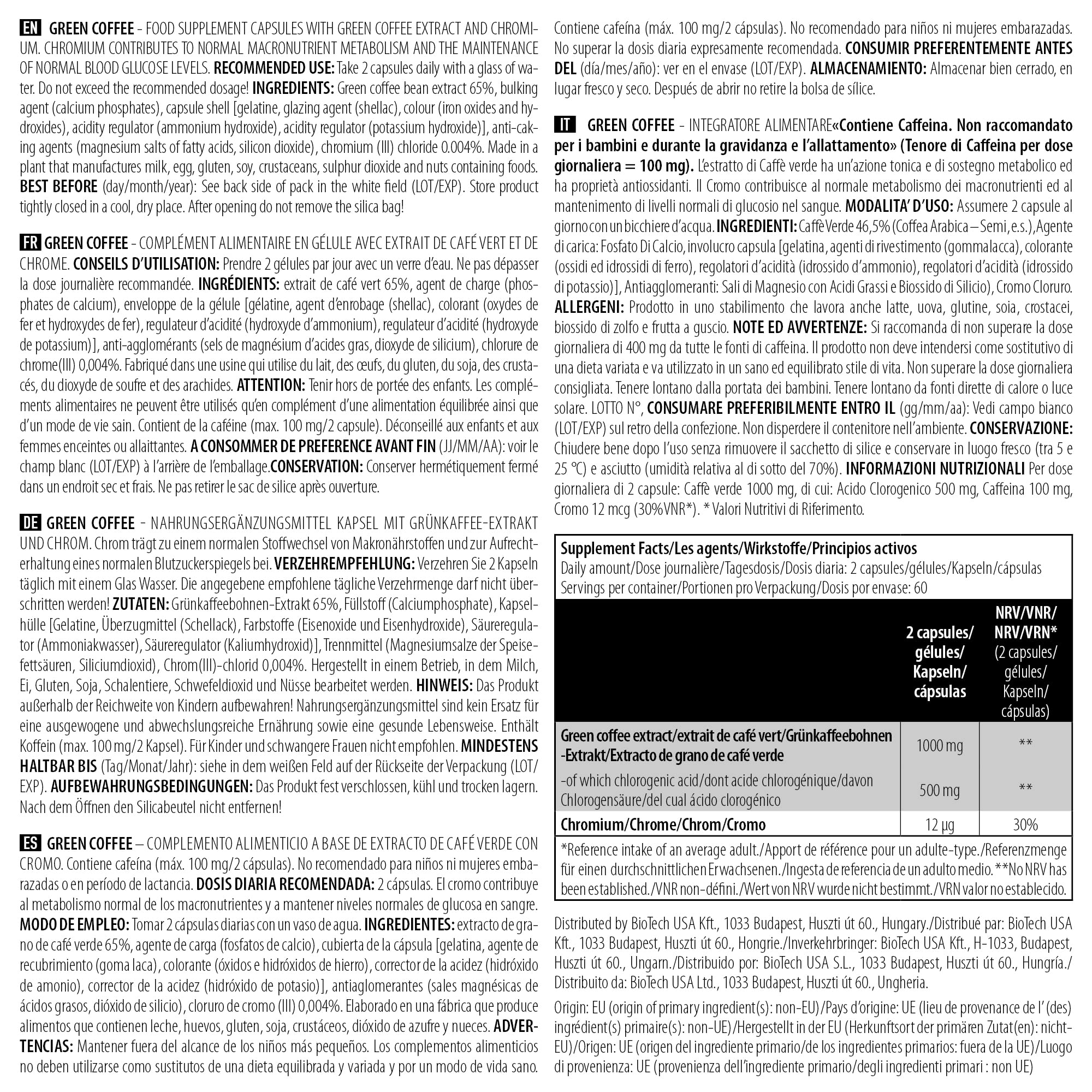 BioTechUSA Green Coffee | con Estratto di Caffè Verde e Cromo | Supporta il Metabolismo Normale e i Livelli di Zucchero nel Sangue, 120 Capsule