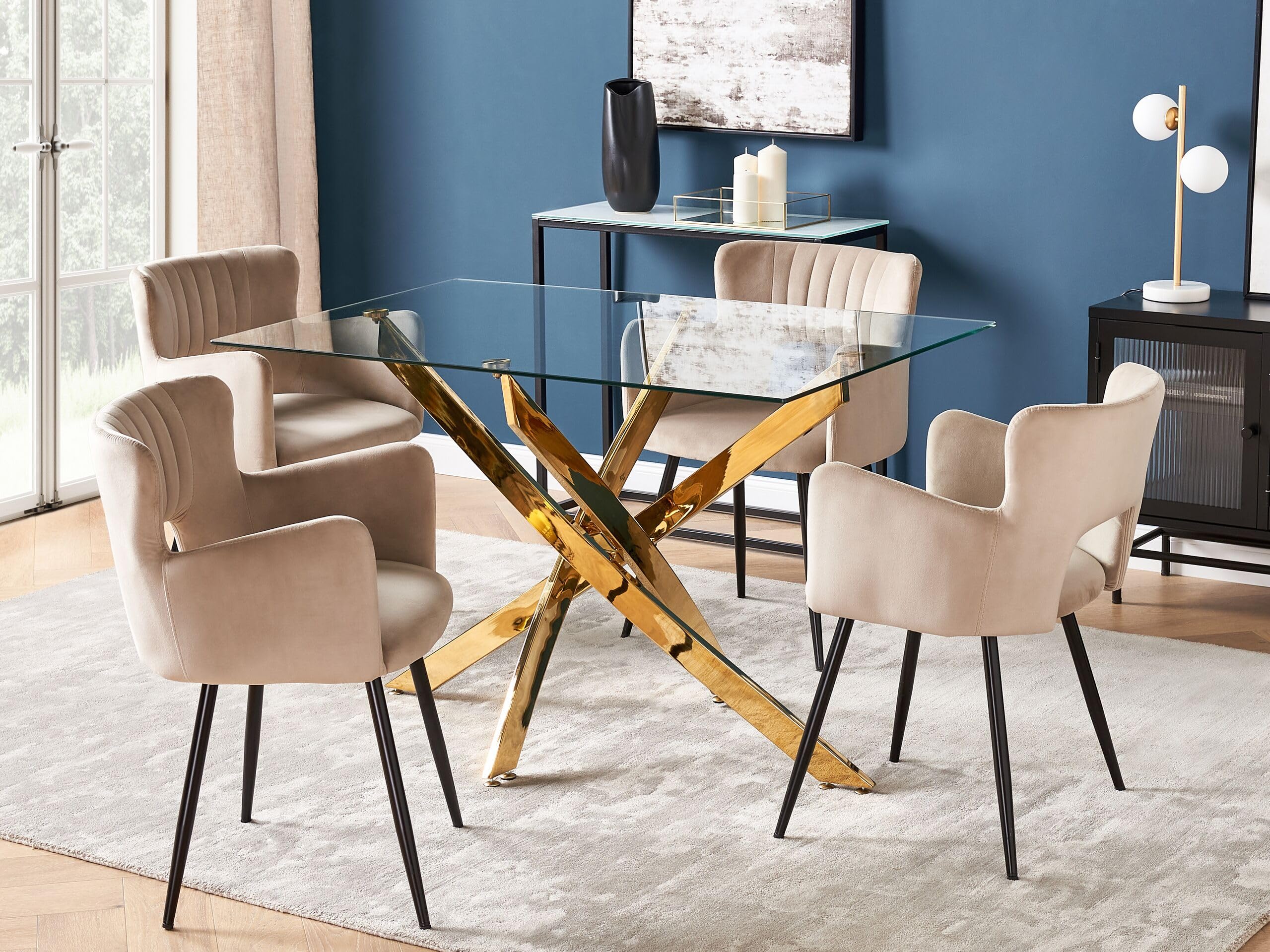 Tavolo da pranzo rettangolare 120 x 70 cm Piano in vetro temperato Gambe oro