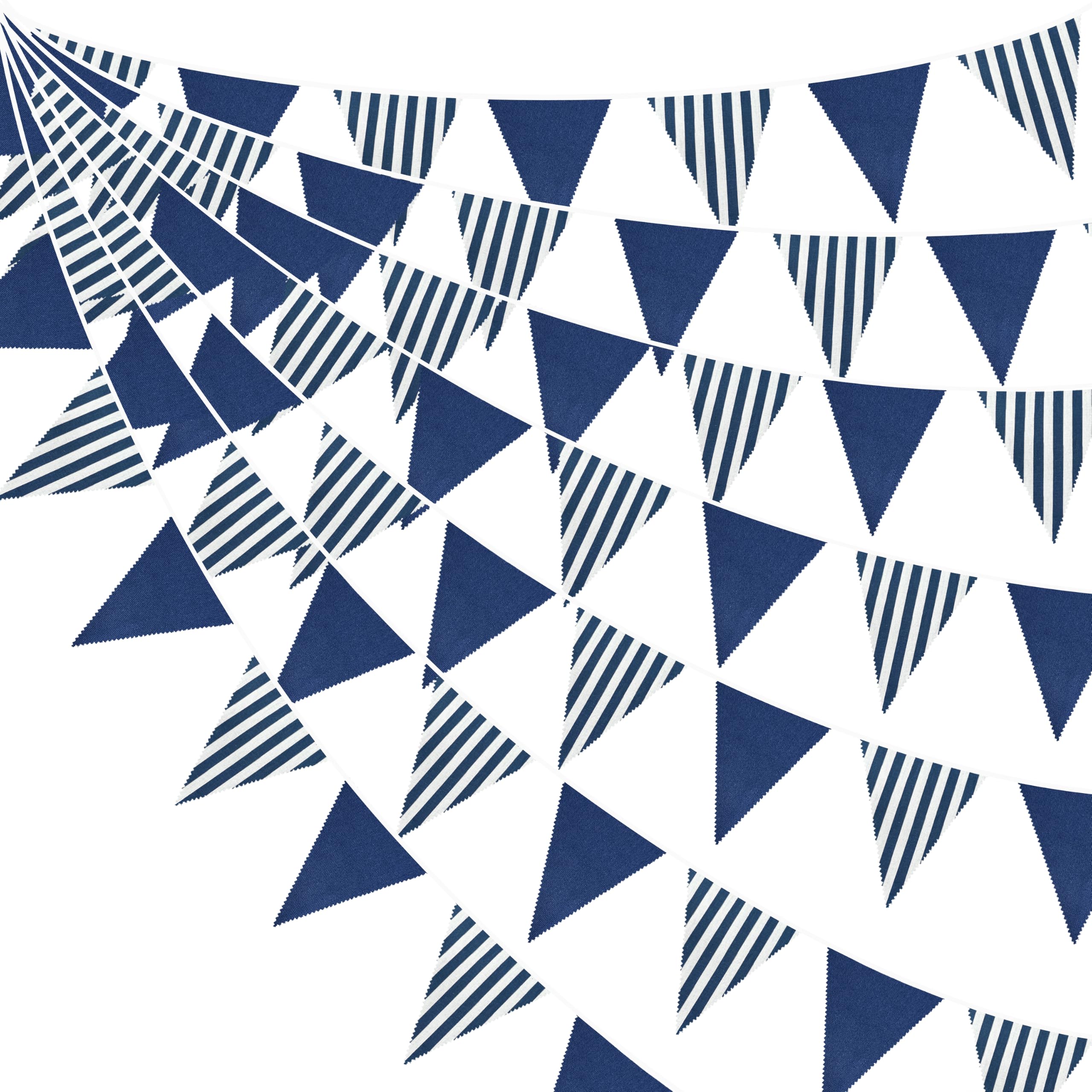 36Ft Vintage Blue Striped Burlap Banner Triangle Flag Party Decorations Navy Blue Linen Fabric Pennant Bunting Streamer for Nautical Graduation Birthday Baby Shower Under the Sea Ocean Royal Party