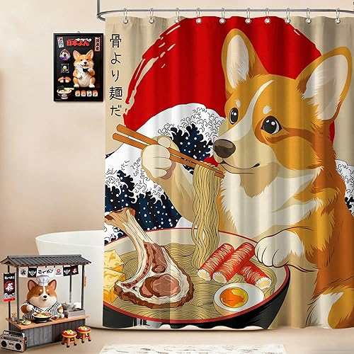 Miniatura 25 de Divertida cortina de ducha con diseño de gato japonés para juegos de decoración de baño, tela de tela impermeable con ganchos, 70 x 72 pulgadas