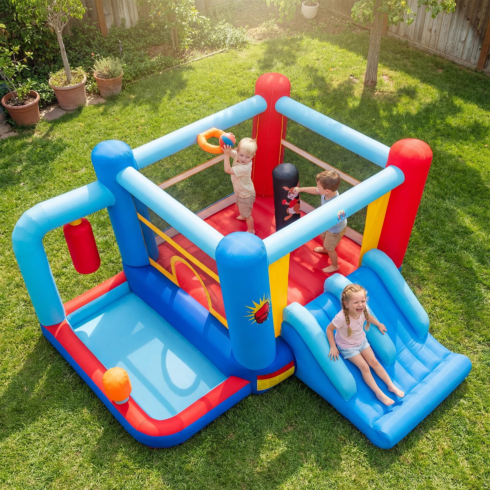 COSTWAY Castillo Hinchable Infantil en Forma de Ring de Boxeo,402x385x206cm