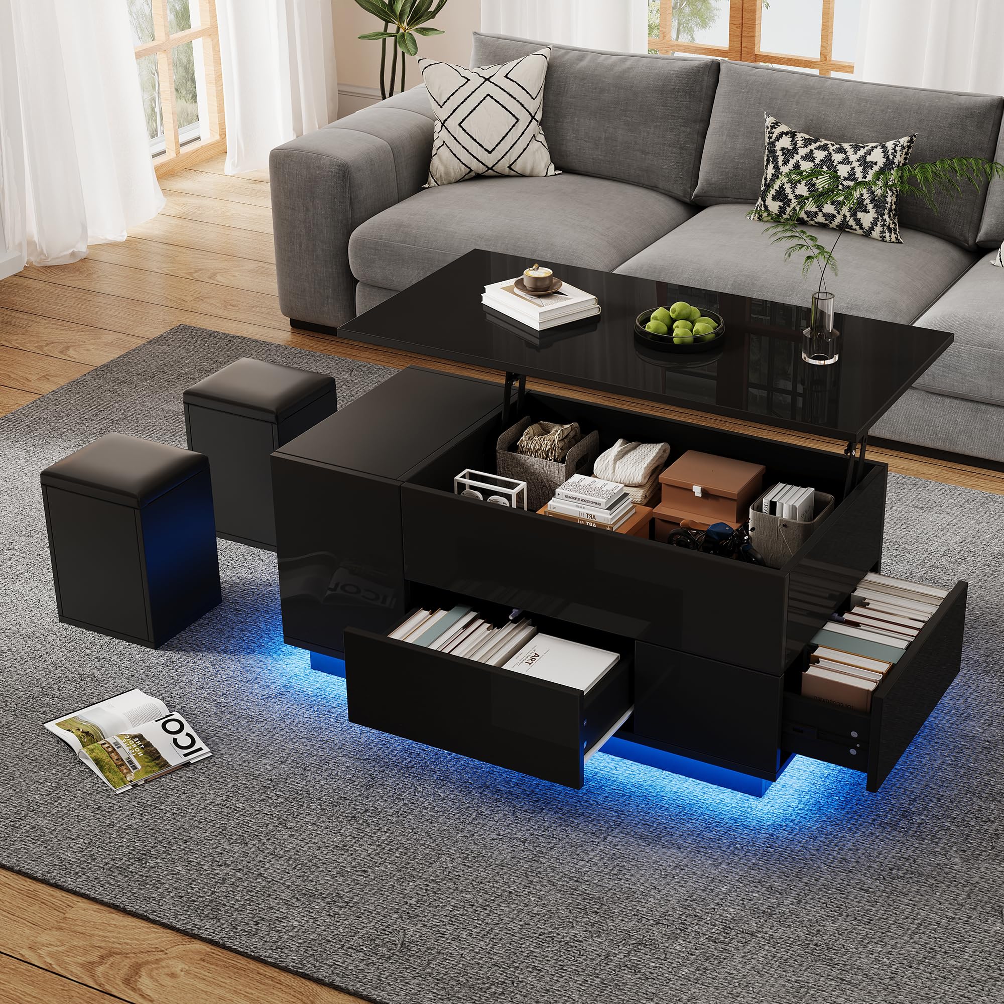 Kebnor Mesa de centro 4 en 1, mesa de sofá ajustable con LED, mesa de café con 2 cajones, mesa brillante con sofá y 2 taburetes, mesa auxiliar con espacio de almacenamiento oculto, capacidad de carga