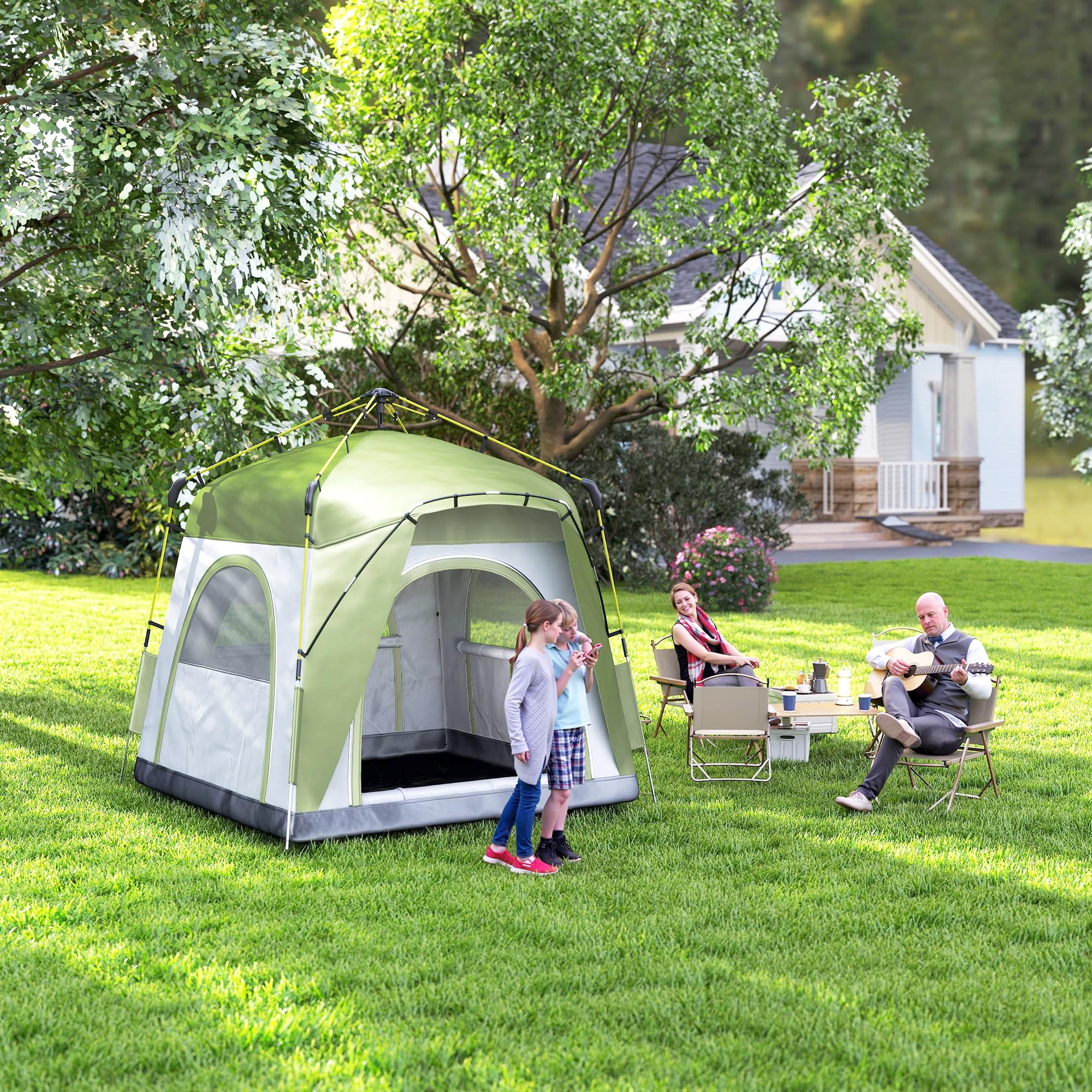 Outsunny Tenda Campeggio 3 Posti, Tenda a Igloo Pop Up con 4 Porte a Cerniera e 4 Finestre a Rete, Sacca di Trasporto Inclusa, Protezione UV, 240x240x199cm, Verde