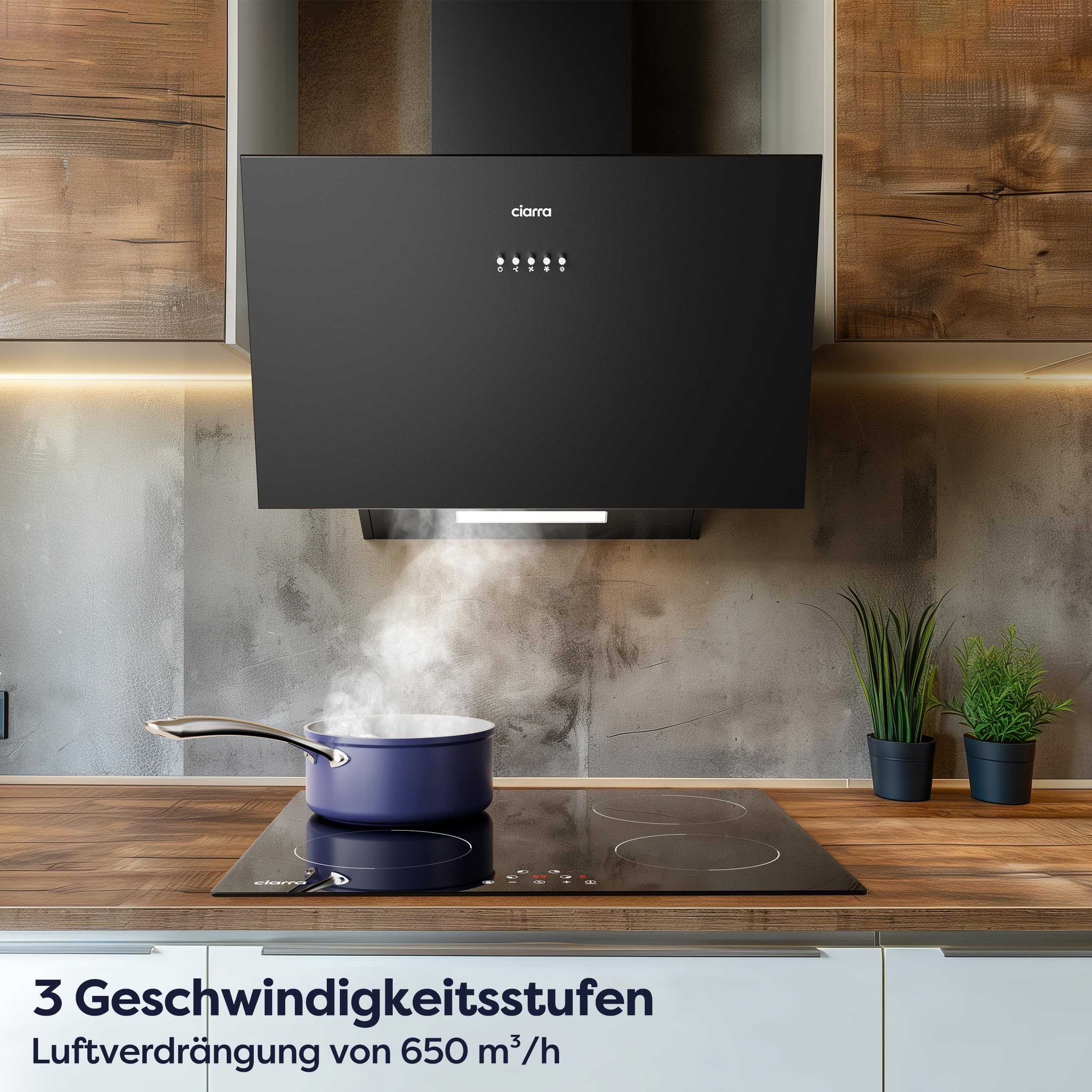 CIARRA CBCB6762A Dunstabzugshaube 60 cm Umluft 650 m³/h Kopffrei mit Aktivkohlefilter 3 Leistungsstufen LED Schwarz