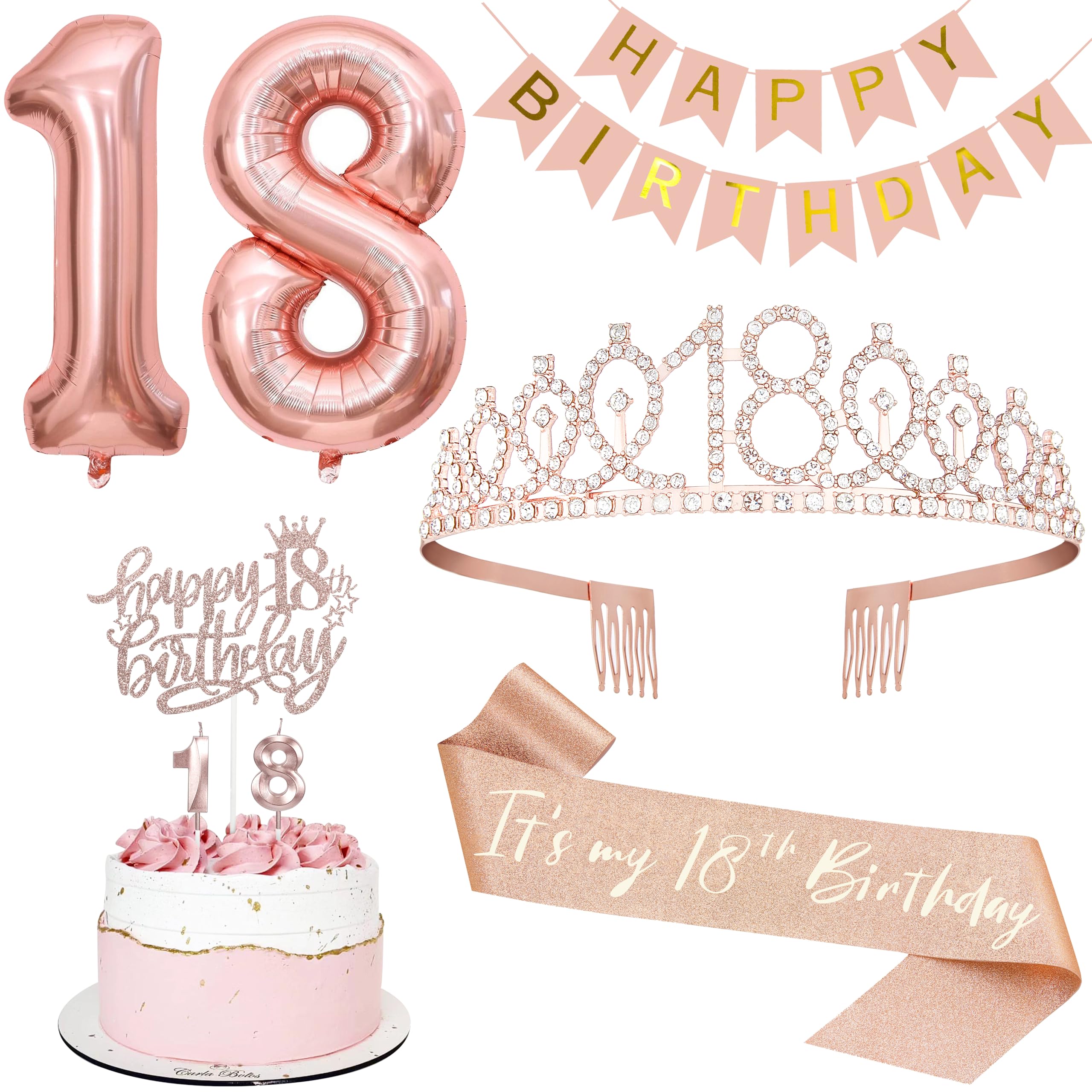 Fesciory18th Birthday Decorations for Girls, Including 18th Birthday Tiara and Sash, Happy Birthday Banner, Happy Birthday Cake Toppers, Number Candles and Balloons Set, 18th Birthday Gifts for Girls