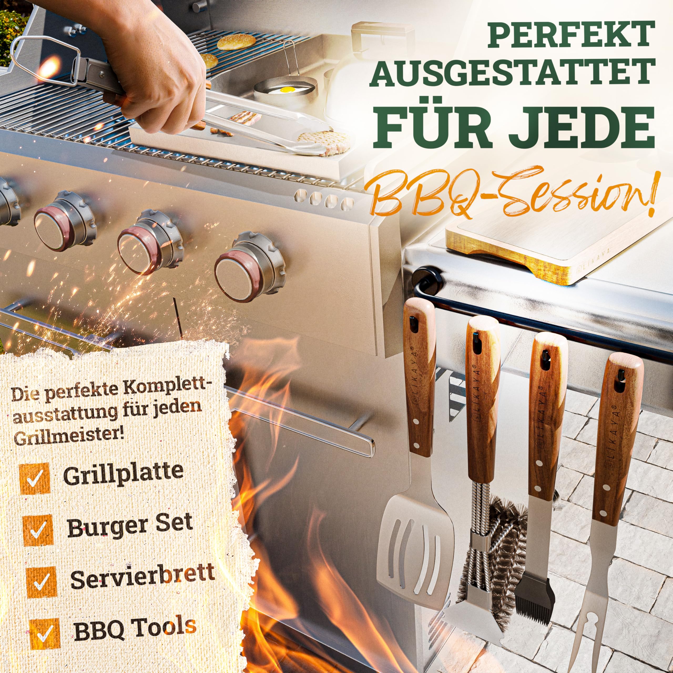 LIKAYA® Premium Grillbesteck-Set [5-TLG.] aus Edelstahl mit Akazienholz-Griff (Grillzange, Grillwender, Grillbürste, Grillgabel & Grillpinsel) – Perfektes Grillwerkzeug für Gasgrill & BBQ!