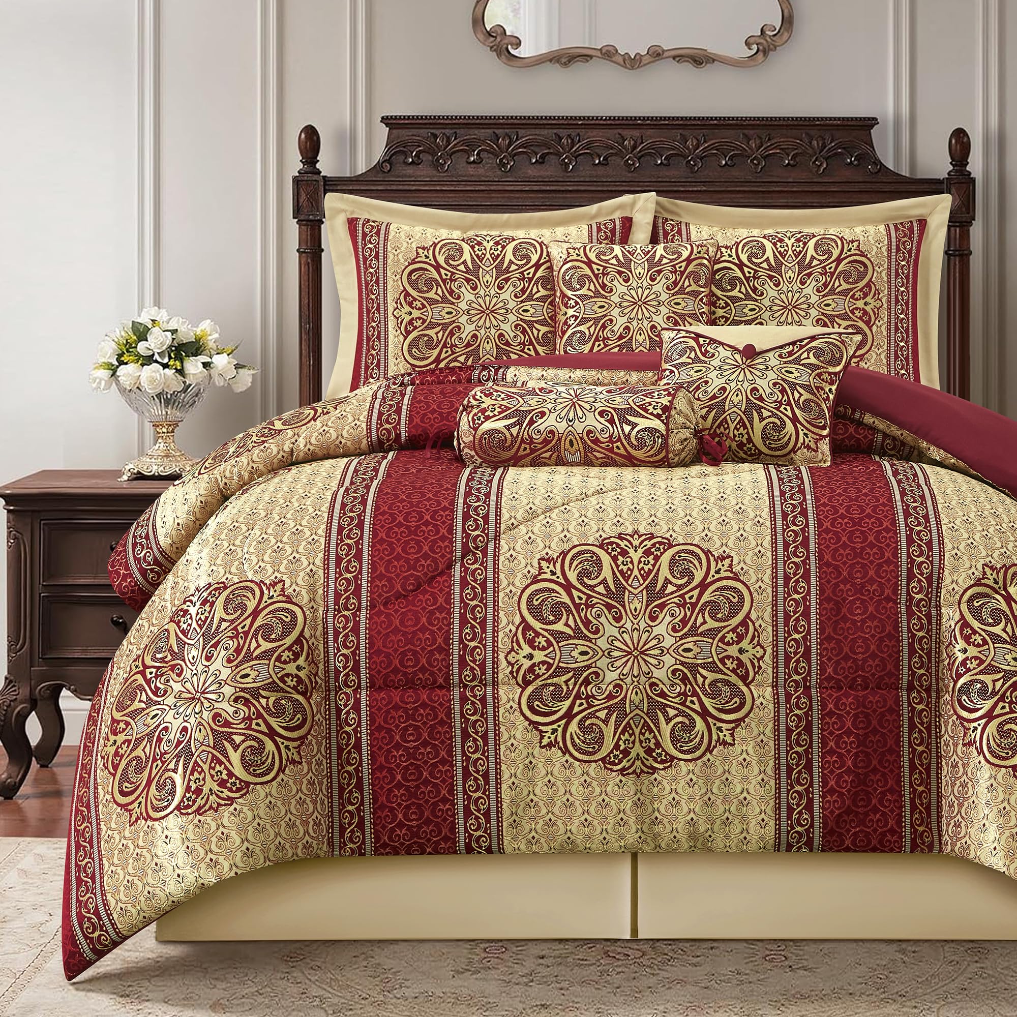 LANCO MODERN LIFESTYLE California King Comforter Set, Wine Gold Medallion Jacquard Design, Luxurious Bohemian 7 Pieces Bedding Set with Decorative