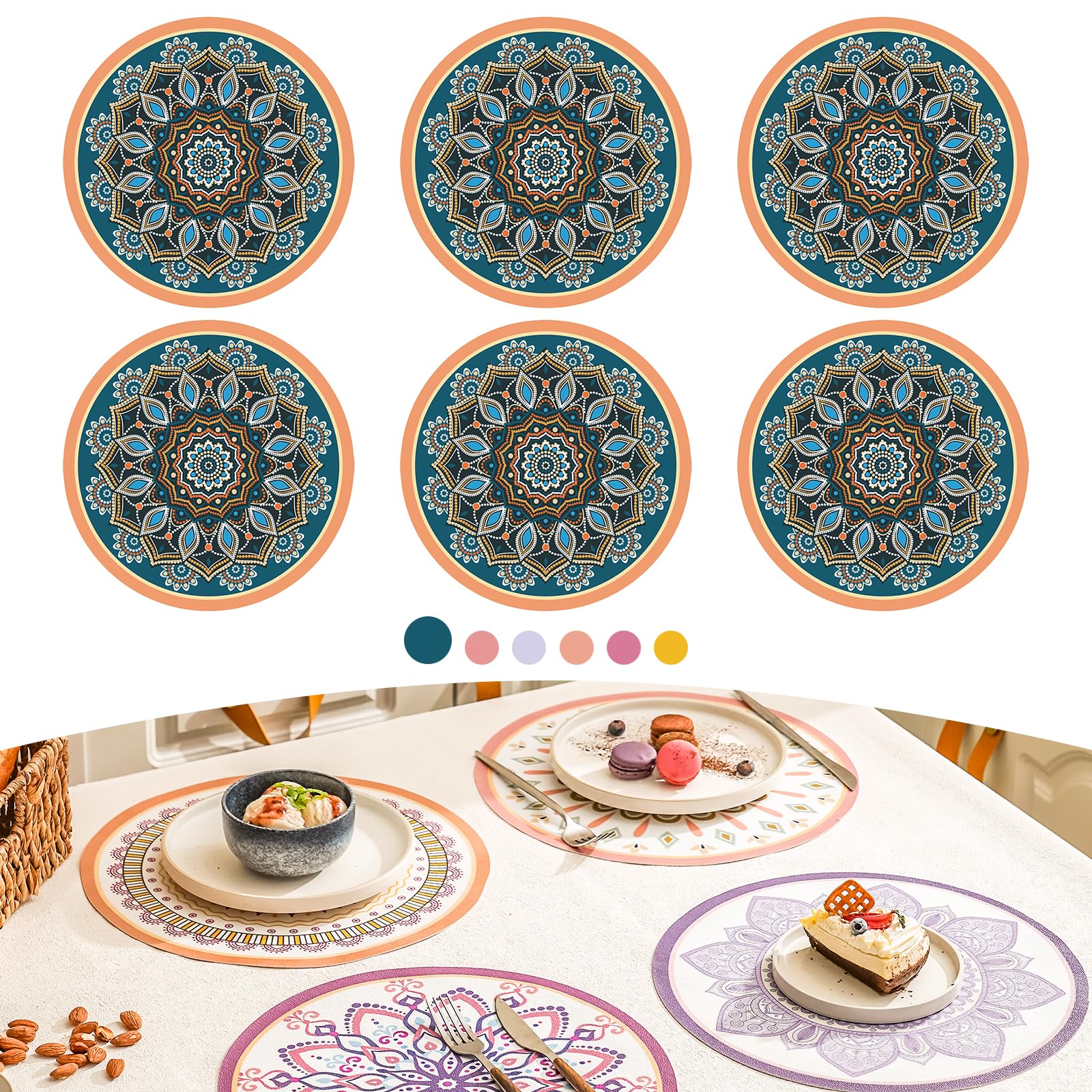 Elistonie Set of 6 Boho Round Placemats Waterproof Textured Vinyl Placemats for Dining Table Heat Resistant Dining Mats Washable Place Mats Mandala Round End Table Mat Bohemian Table Settings (D)