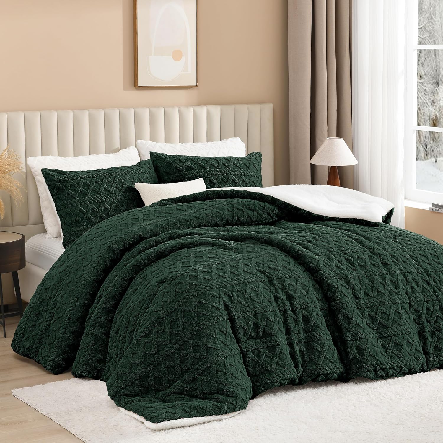 Andency Fluffy Sherpa King Comforter Set Dark Green, Super Soft Emerald Green Fleece Warm Bedding for Winter, Luxury Jacquard Boho Thick Fuzzy Plush Bed Set 3 Pieces(1 Shaggy Comforter, 2 Pillowcases)