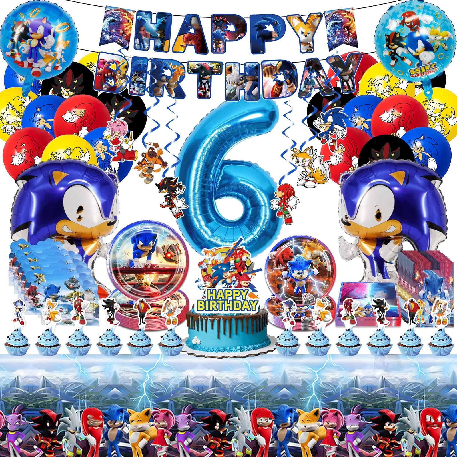118PCS Birthday Party Decorations, 6th Cartoon Birthday Tableware Supplies, Cartoon Party Invitations Sweet Bags Banner Foil Balloons Cake Topper Hanging Swirls Tablecloth Paper Plates Napkins