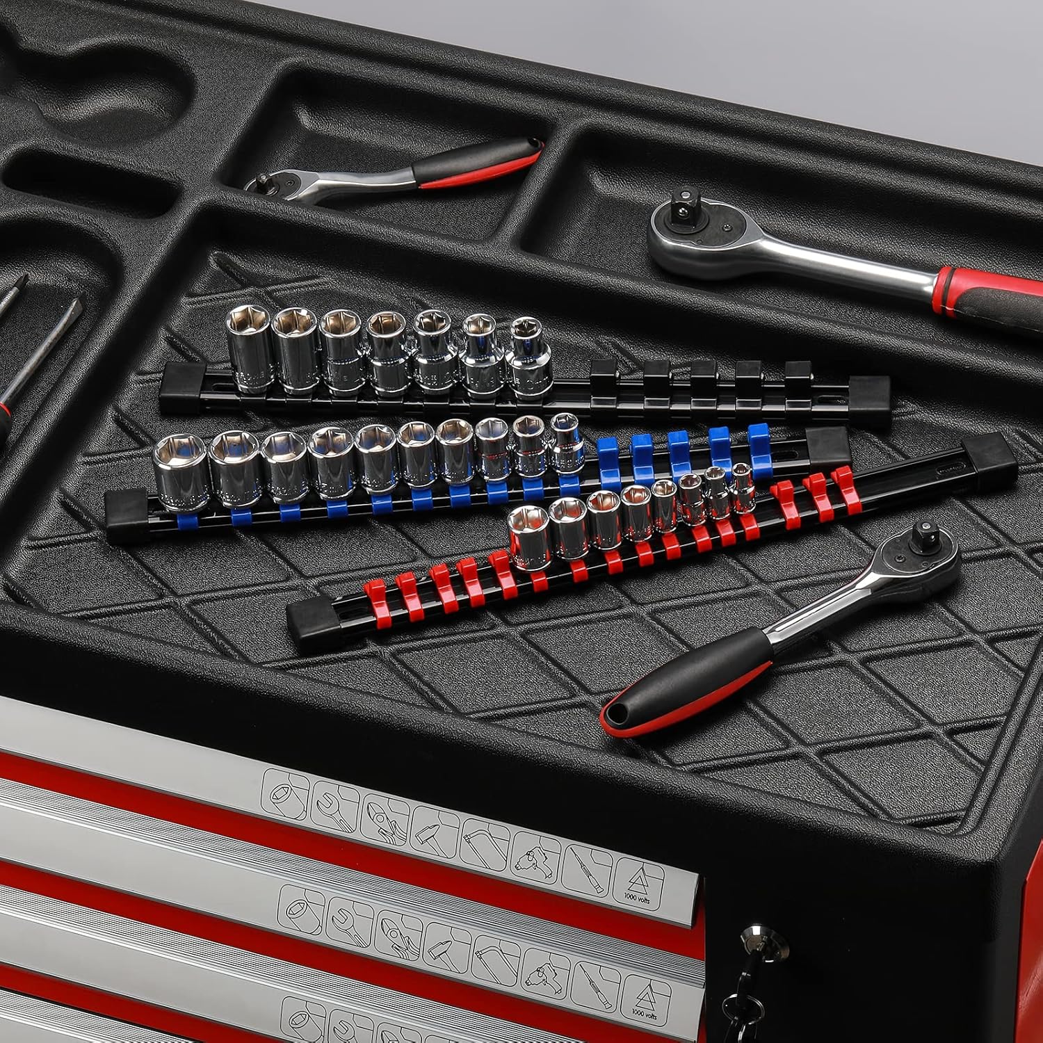CASOMAN 12PC ABS Socket Organizer, Premium Quality Socket Holders,1/4-Inch x 48 Clips, 3/8-Inch x 90 Clips, 1/2-Inch x 36 Clips, Blue & Red & Black