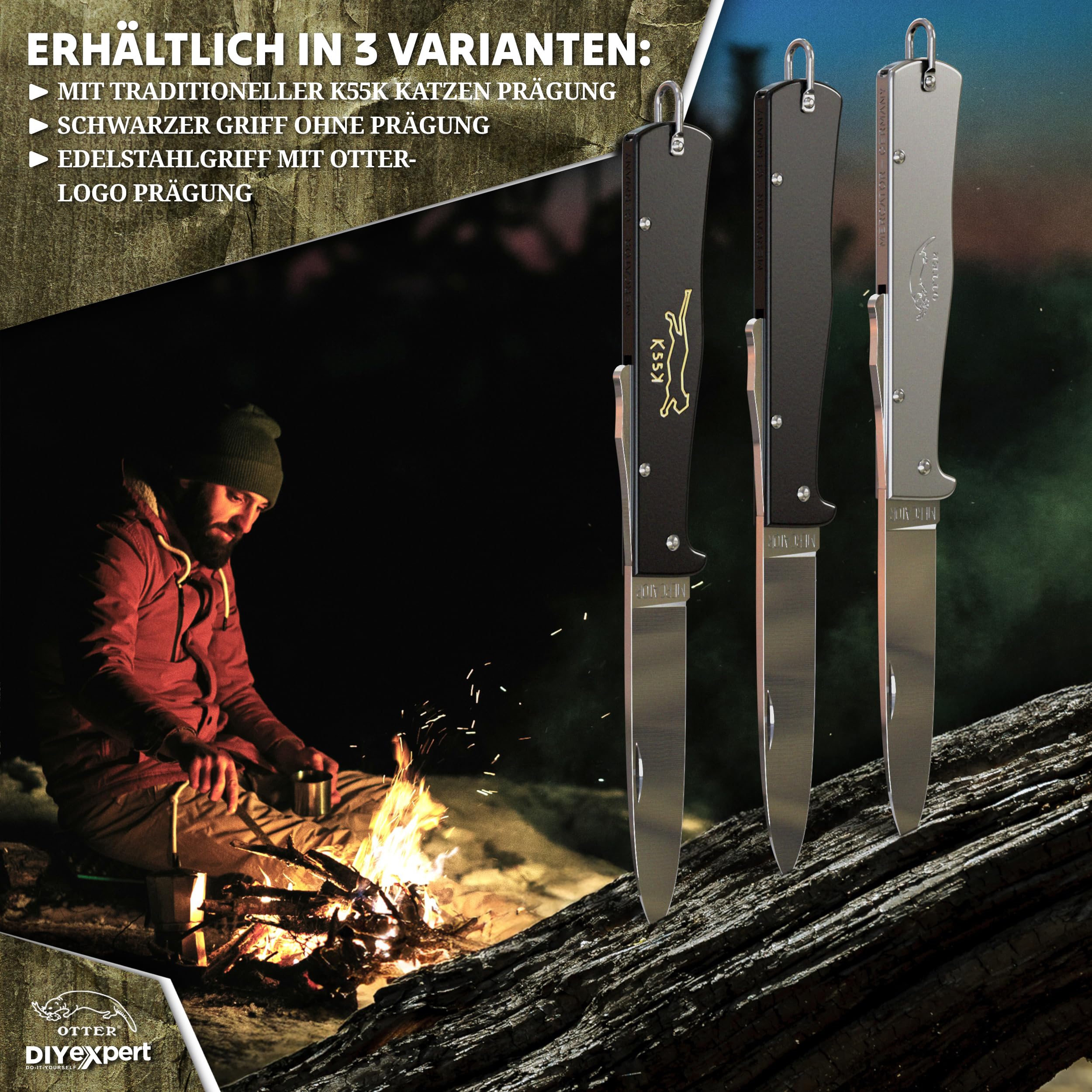 DIYexpert Outdoor-Messer MERCATOR K55K Katze | [Klinge Carbon] | Klappmesser Made in Germany | Ideal als Taschenmesser oder Jagdmesser