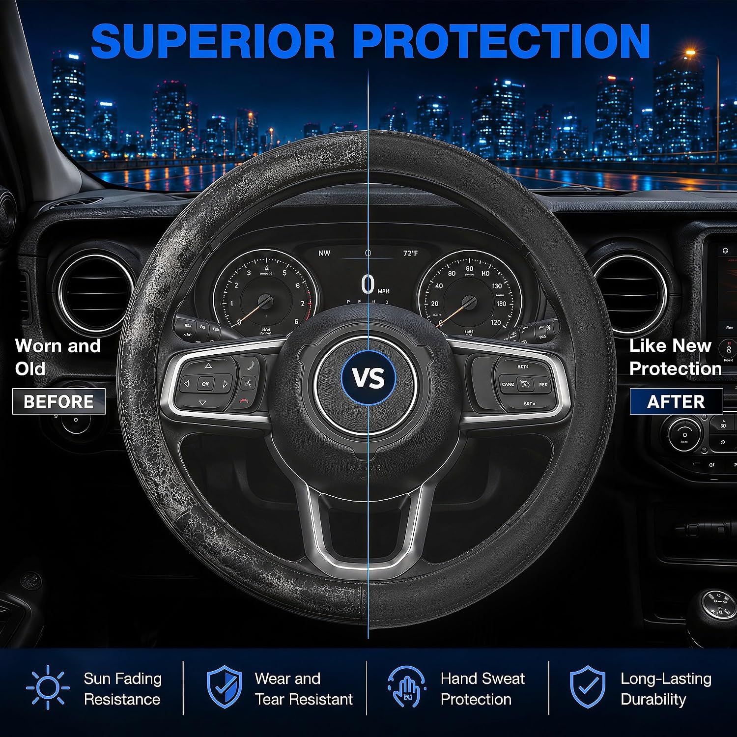 Steering Wheel Cover for Jeep Grand Cherokee Wrangler Compass Gladiator, Standard Size 14.5-15", Black