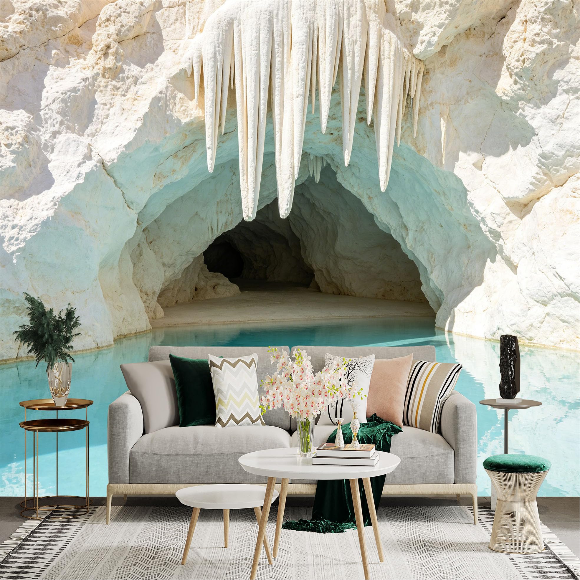 Lnzczhyre Dbh260521140 Custom Size Wall Sticker Mural， White Limestone Cave， Turquoise Crystal Water， Stalactites Formation， Nature Scenery， For Wall Decoration， Peelandstick Wall Decals.