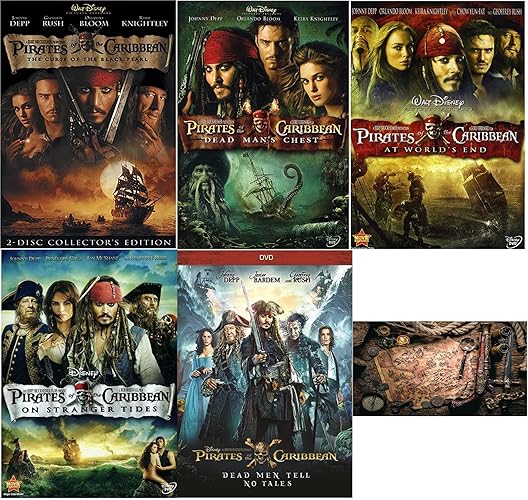 Pirates of The Caribbean 5 DVD Collection One 1 Two 2 Three 3 Four 4 Five 5 Johnny Depp Includes Treasure Map Glossy Print Scalloped Edge Art Card