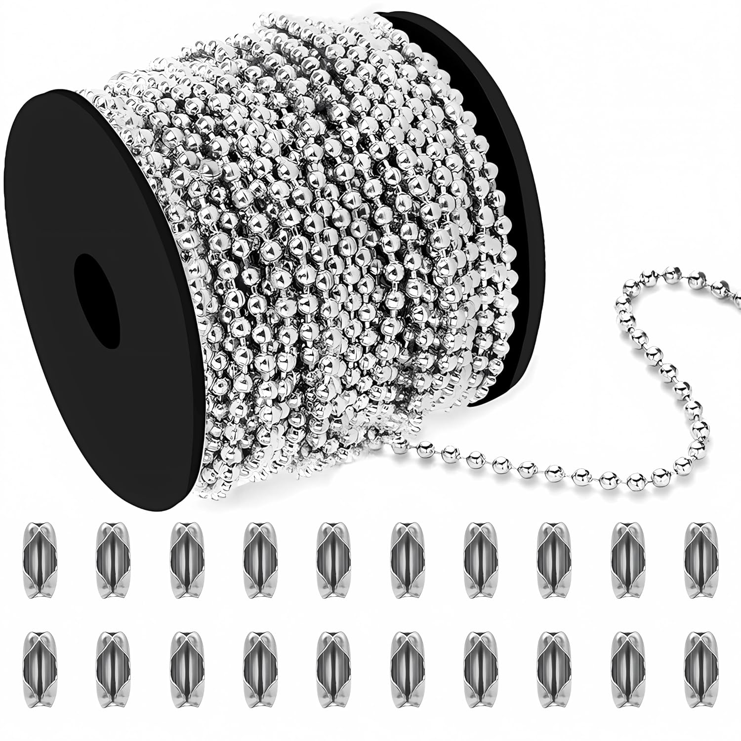 100ft #10 Stainless Steel Ball Bead Chain 4.5mm - Durable 304 SS for Roller Shades, Blinds, Dog Tags, Jewelry, Crafts w/ Spool & Connectors