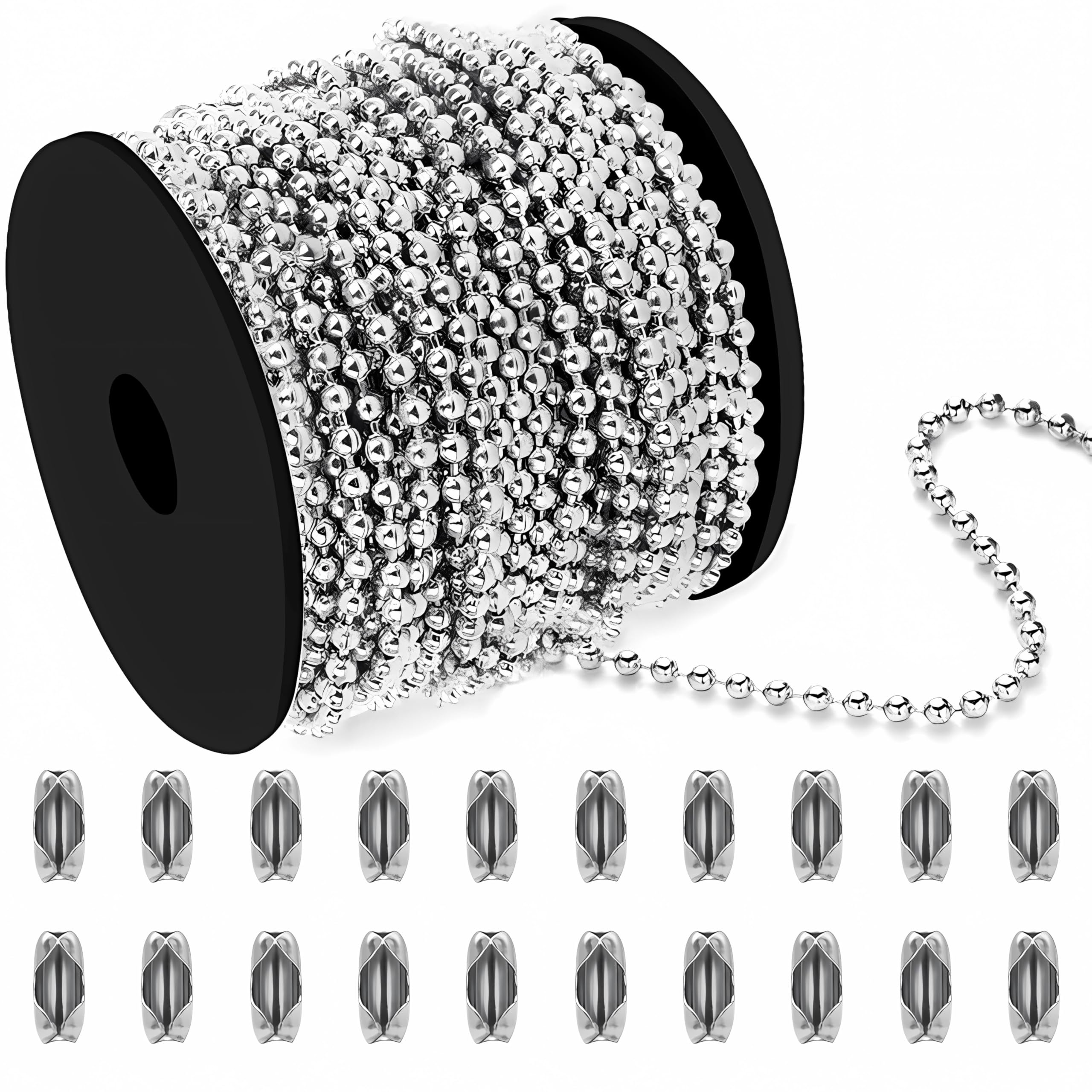 Cadena de cuentas de bola de 30,5 m, acero inoxidable 304, cadena de cuentas #10 para persianas enrollables, persianas de ventana, etiquetas de perro, joyas y manualidades (4,5 mm con conectores de