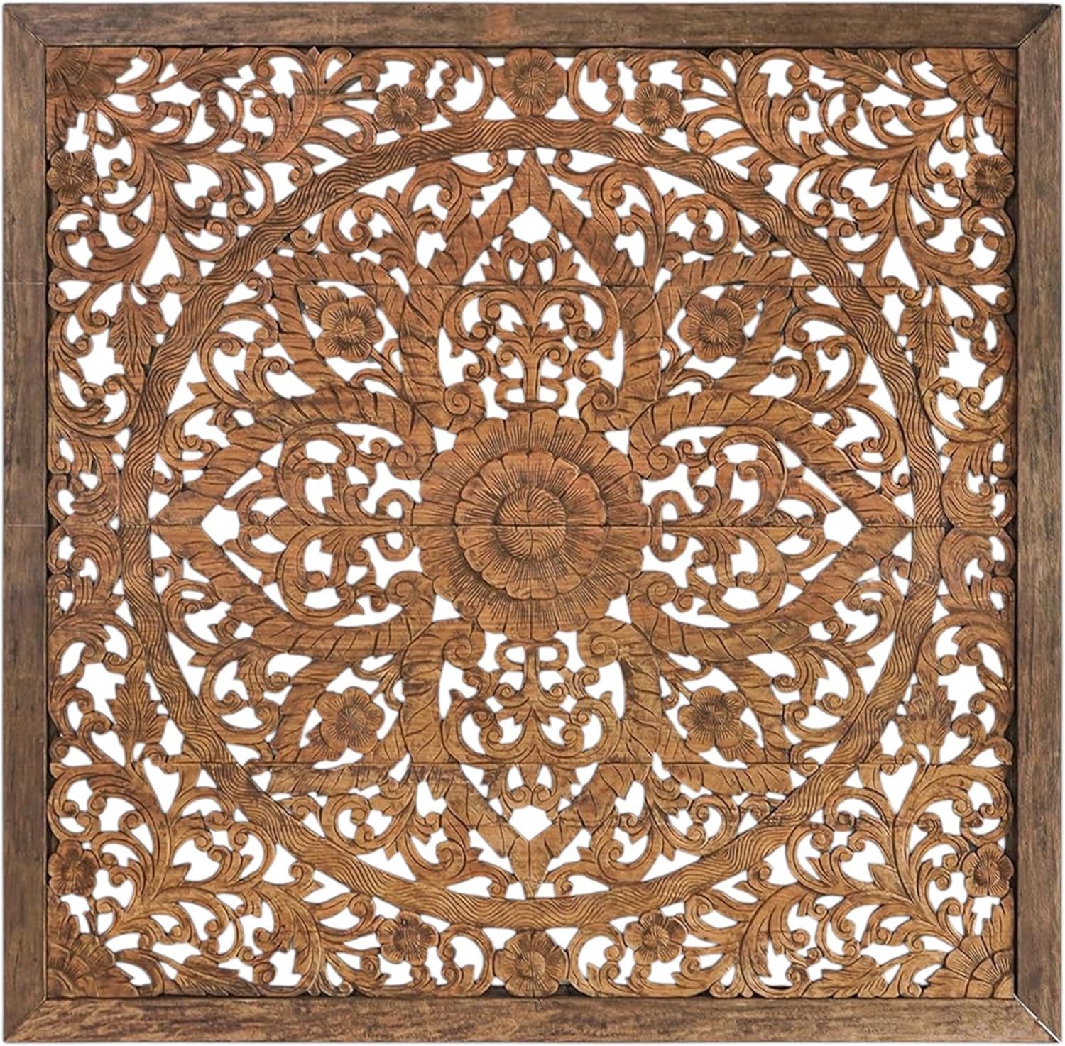 Siam Sawadee Hand Carved Queen Size Headboard, Wall Mounted Mandala Wooden Panels, Weathered Brown Rustic Barn Finish, 68 inches