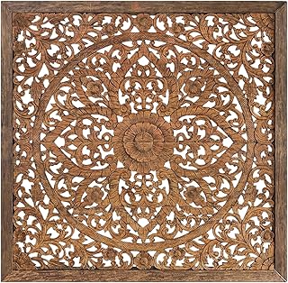 Super King Sized Carved Headboard, Wall Mounted Mandala Wooden Panels, Weathered Brown Rustic Barn Finish, 80 inches