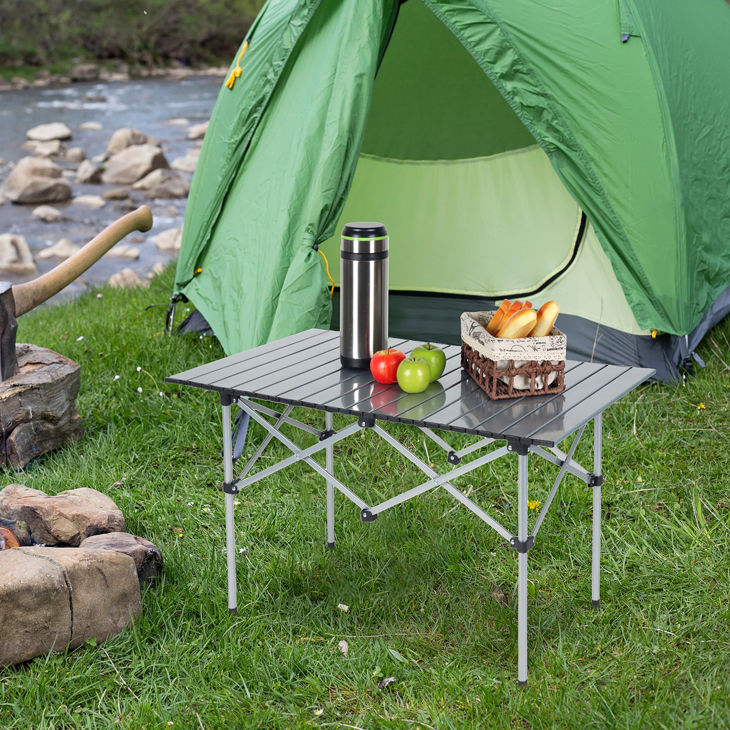 Relaxdays Tavolino da Campeggio Pieghevole, HLP 55x95x53 cm, Tavolo da Giardino Esterno per Picnic, in Acciaio, Argento