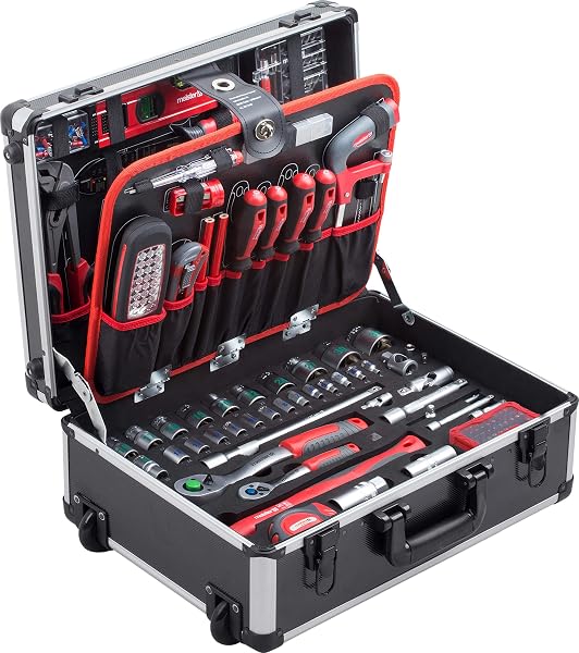 Meister Werkzeugtrolley 156-teilig - Werkzeug-Set-Mit Rollen- Teleskophandgriff/Profi Werkzeugkoffer befüllt/Werkzeugkiste fahrbar /Werkzeugbox komplett mit Werkzeug, Schwarz/Silber, 8971440 - 1