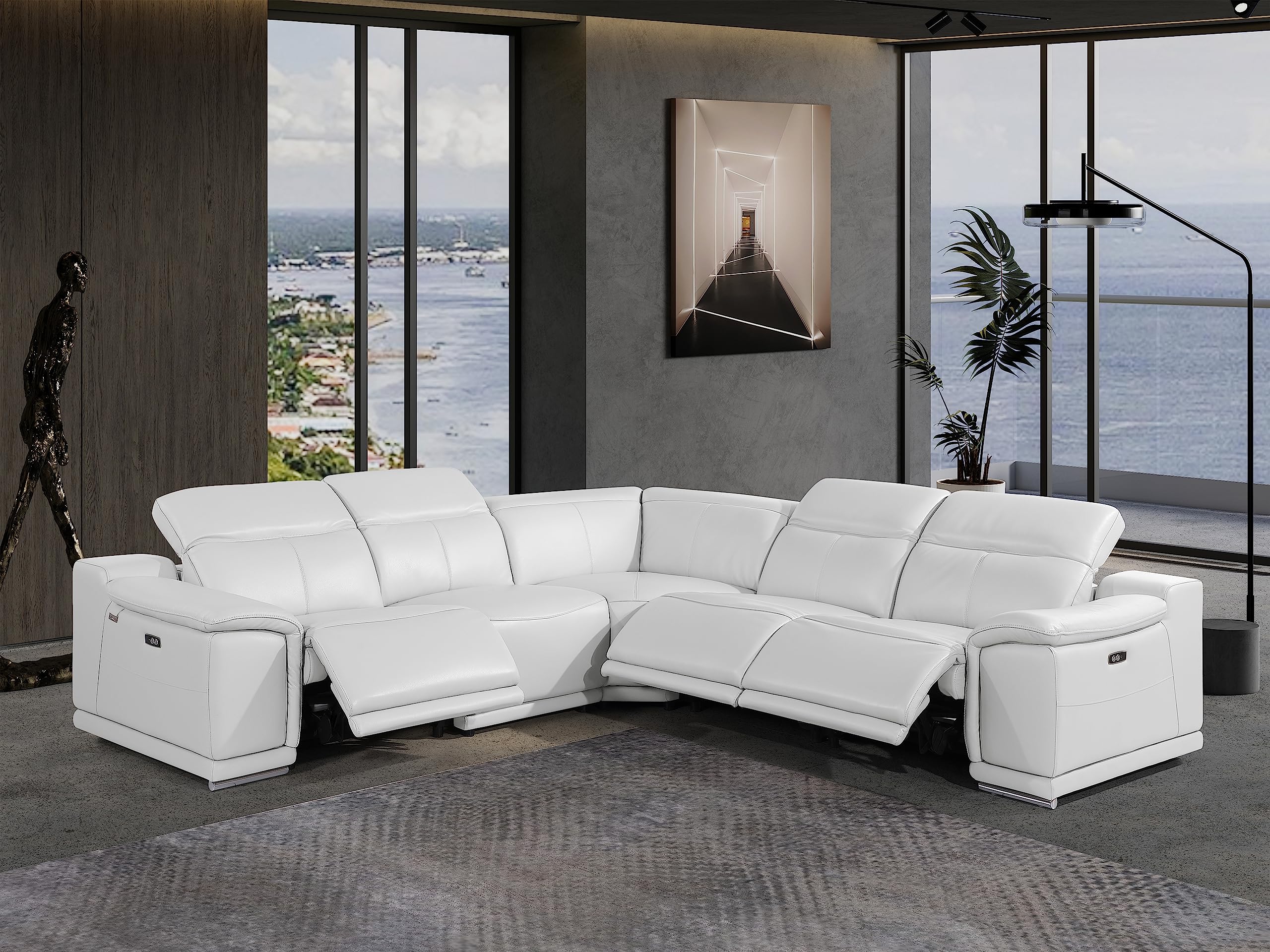 BlackJack Furniture Venice 5 Piece Top Grain Italian Leather Sectional Sofa with 3-Power Recliners, Adjustable Headrest, Lumbar Support, USB &amp; Wireless Charger, Large Storage, 1 Console, White