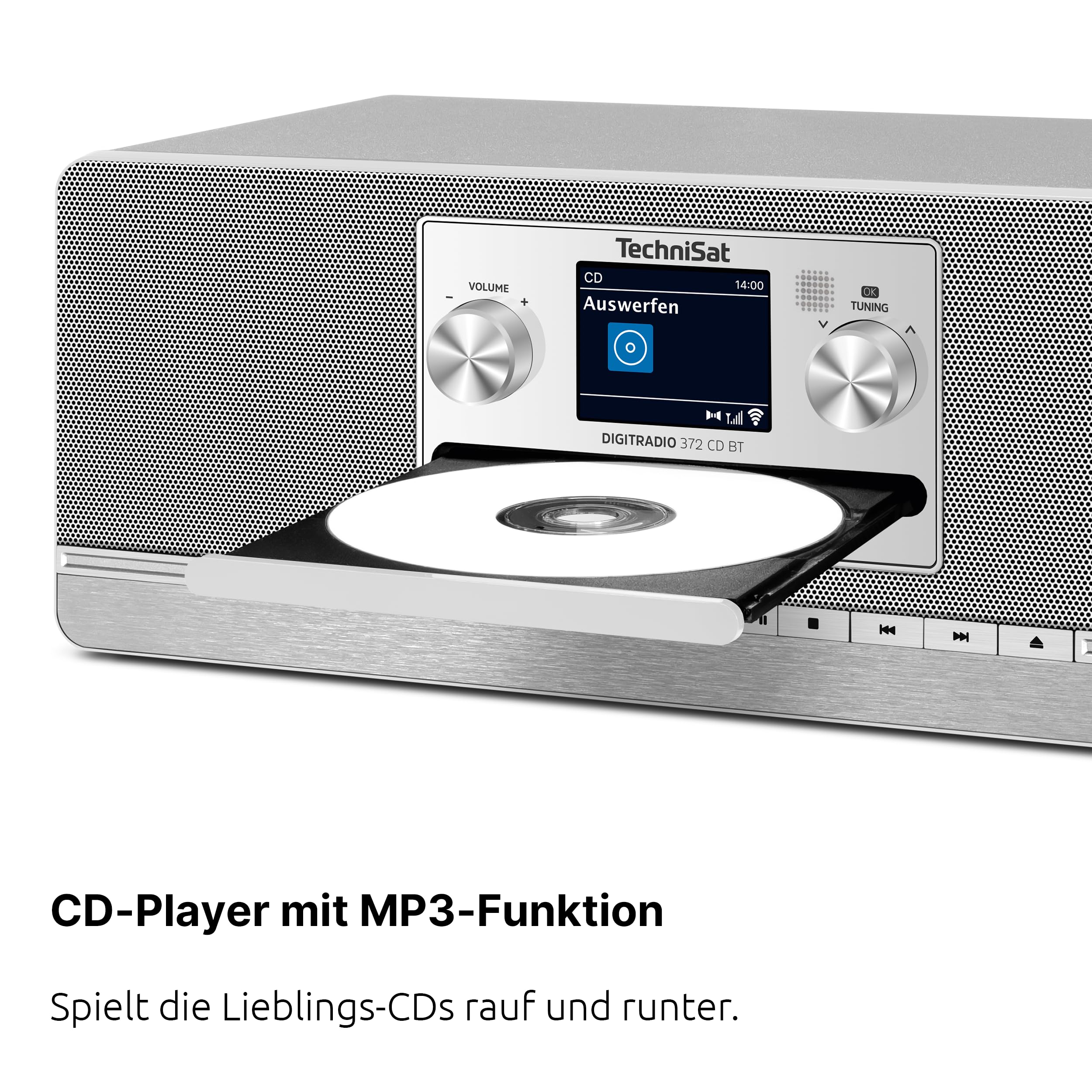 TechniSat DIGITRADIO 372 CD BT - Stereo Digitalradio, Kompaktanlage mit DAB+, UKW, CD-Player, Bluetooth, Farbdisplay, USB, AUX, Kopfhöreranschluss, Wecker, 10 Watt, Fernbedienung - Silber