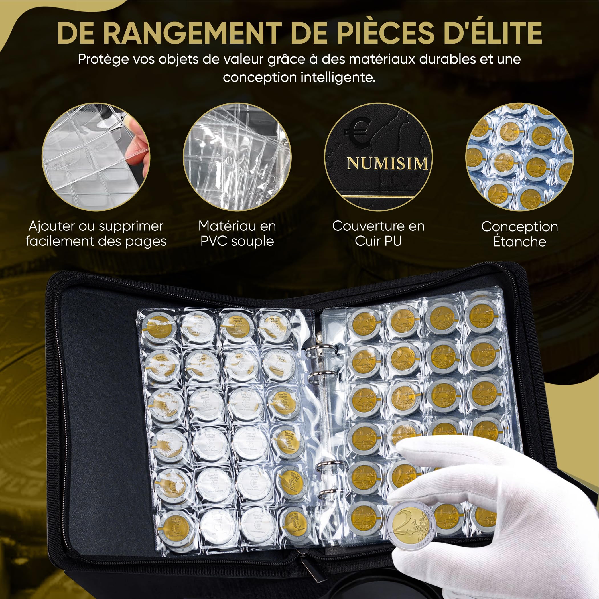 Classeur pièce 2 euros – classeur numismatique 480 pochettes en cuir résistant – album collection pièces de monnaie, rangement et protection pour collectionneurs