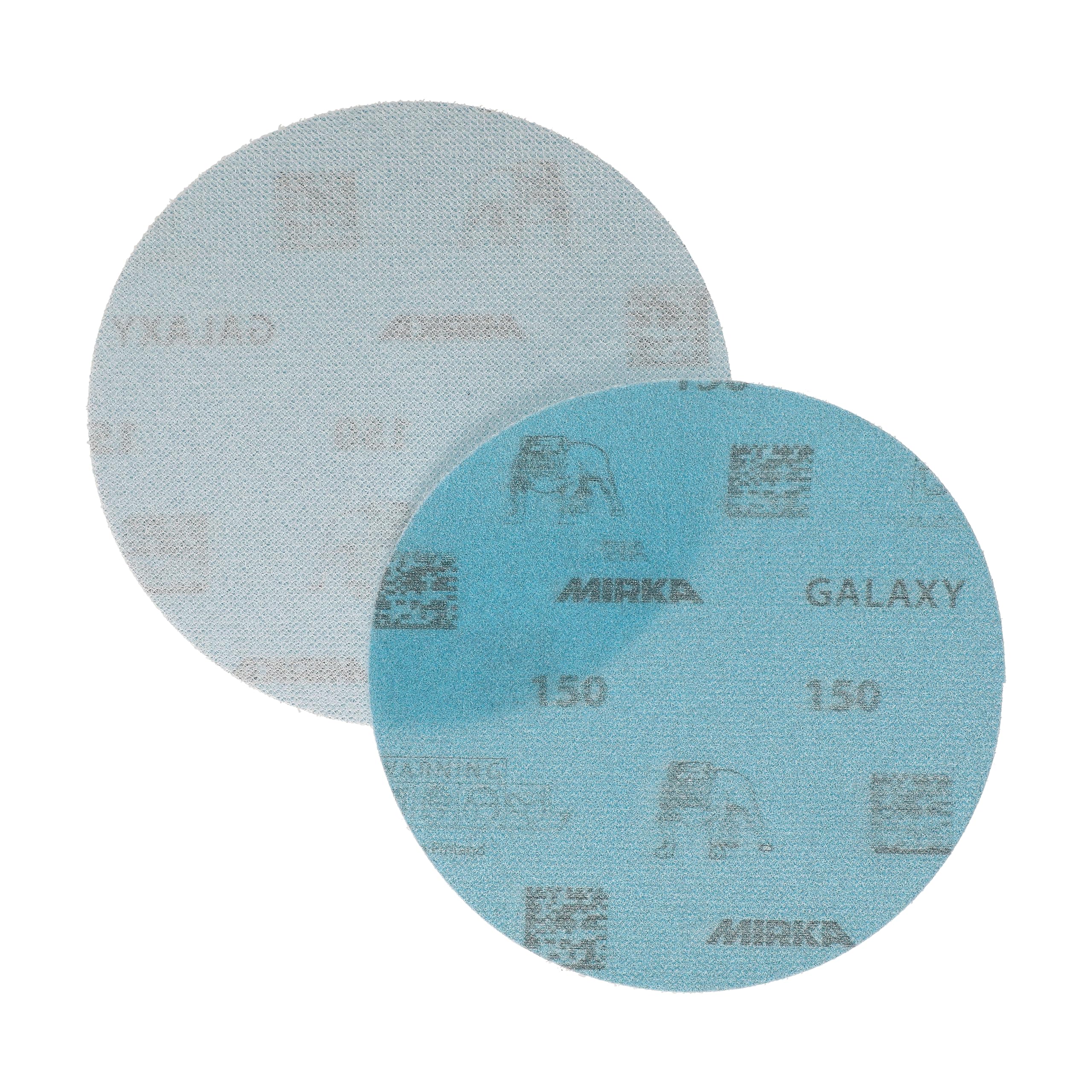 Mirka GalaxySandpaper - Carta abrasiva da 125 mm, grana 150, confezione da 50 dischi/confezione, abrasiva di alta qualità per resina epossidica, legno, metallo, tecnologia anti-intasamento e