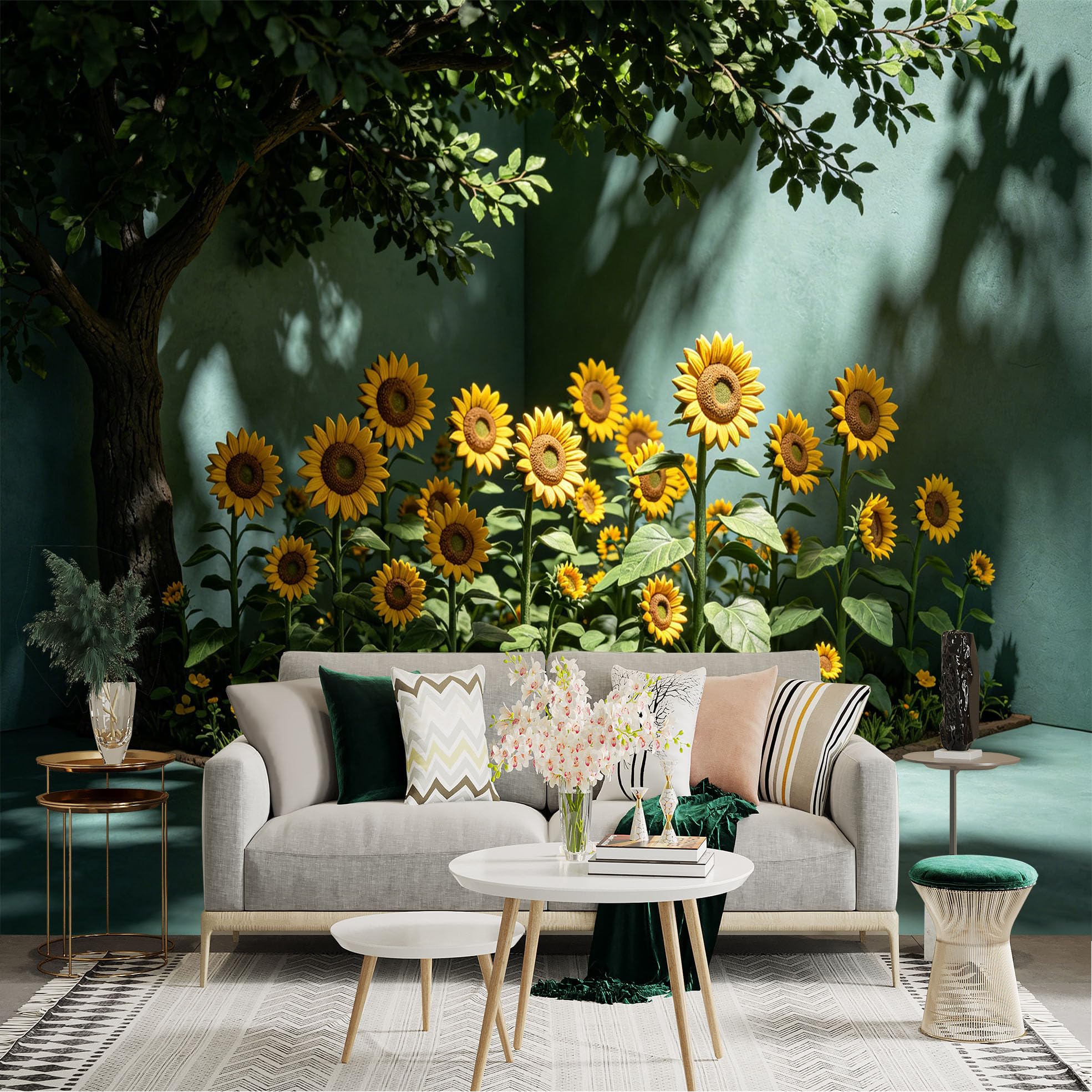 Lnzczhyre Dbh260521822 Custom Size Wall Sticker Mural， Vibrant Sunflowers， Blooming Garden Scene， Artistic Tree Shadow， Sunny Floral Decor， For Wall Decoration， Peelandstick Wall Decals.