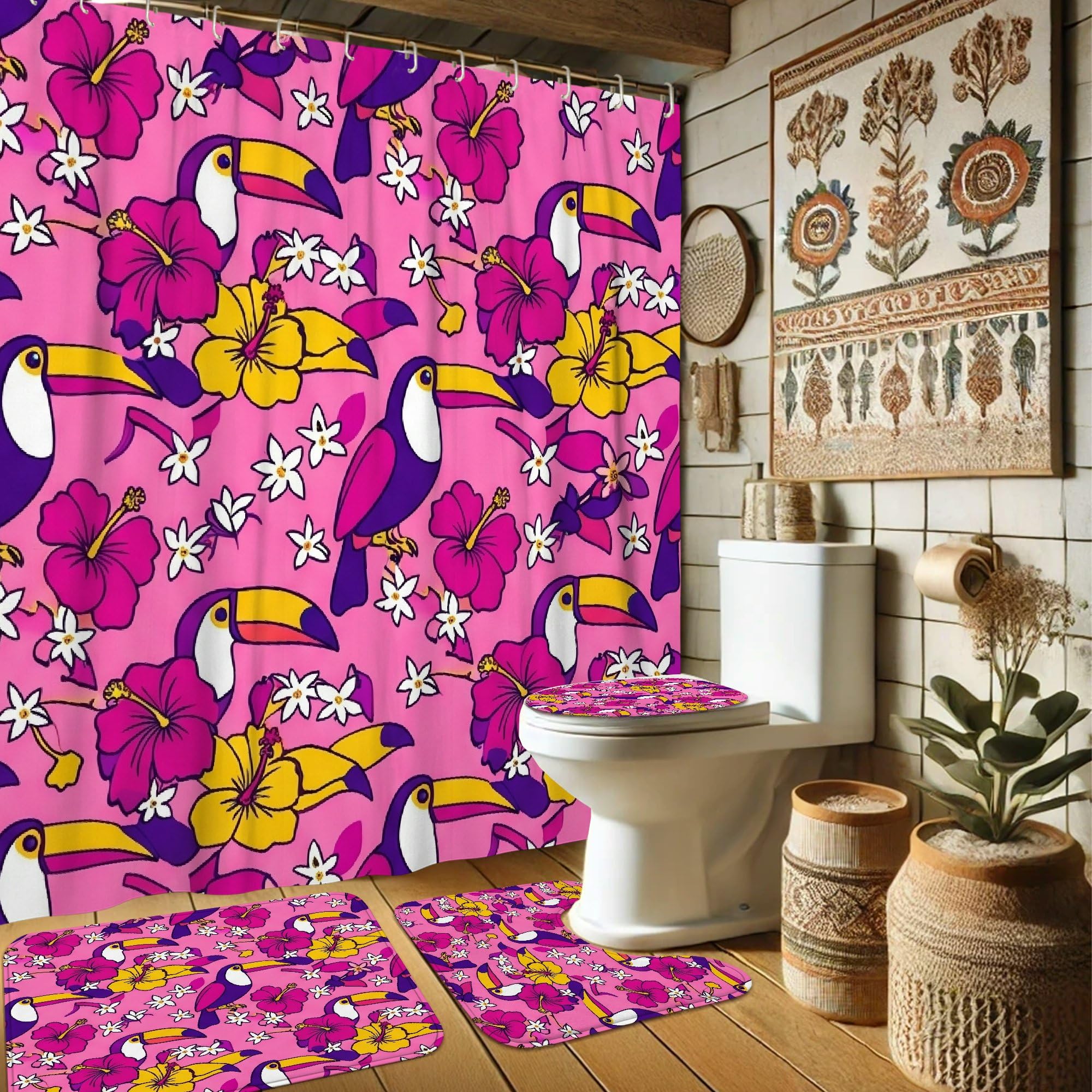 Rideau de douche toucan tropical haut de gamme avec tapis de bain en textile imperméable