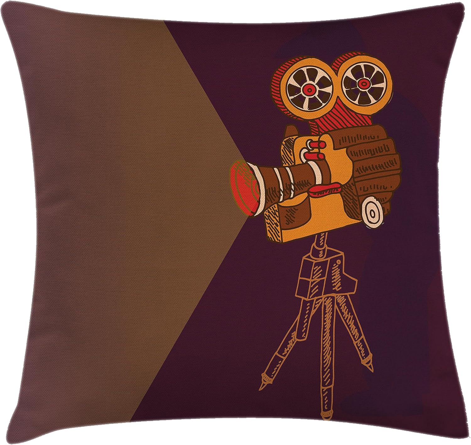 Ambesonne Vintage Throw Pillow Cushion Cover, Classic Movie Theater Machine with Cinema Fest Typography Past Filmmaker Print, Decorative Square Accent Pillow Case, 18" X 18", Purple Brown