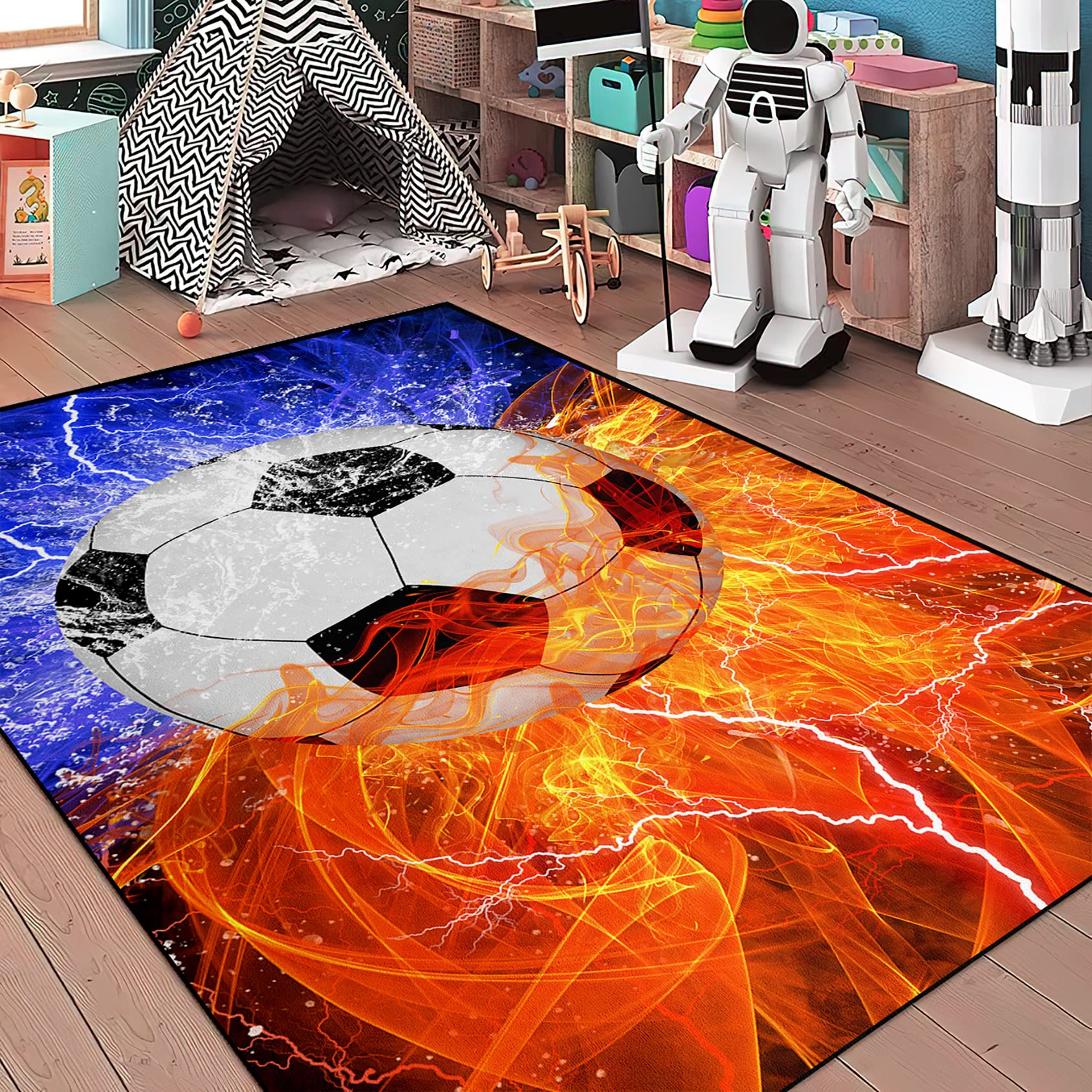 Soccer Rug Soccerball Carpets for Kids Soccer Ball Printed Court Sport Area Rug Fire and Water Soccer Decor for Boys Room Bedroom Living Room Sofa