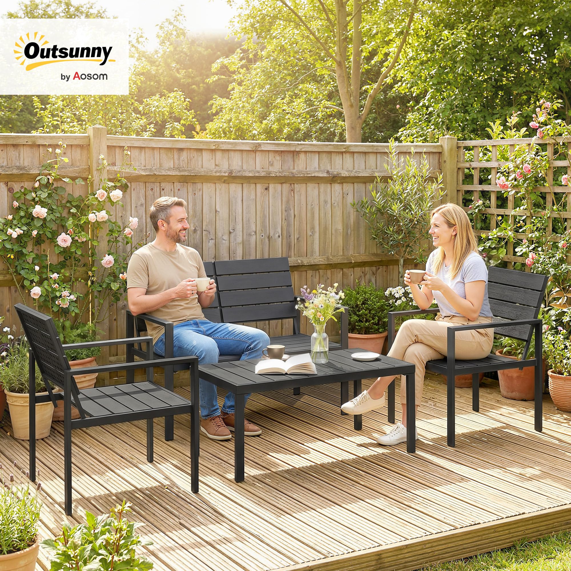 Outsunny Conjunto de Muebles de Jardín para 4 Personas, 4 Piezas, Negro | Sofá de Jardín, Sofá de 2 Plazas, 2 Sillones, Mesa de Centro, Estructura Metálica
