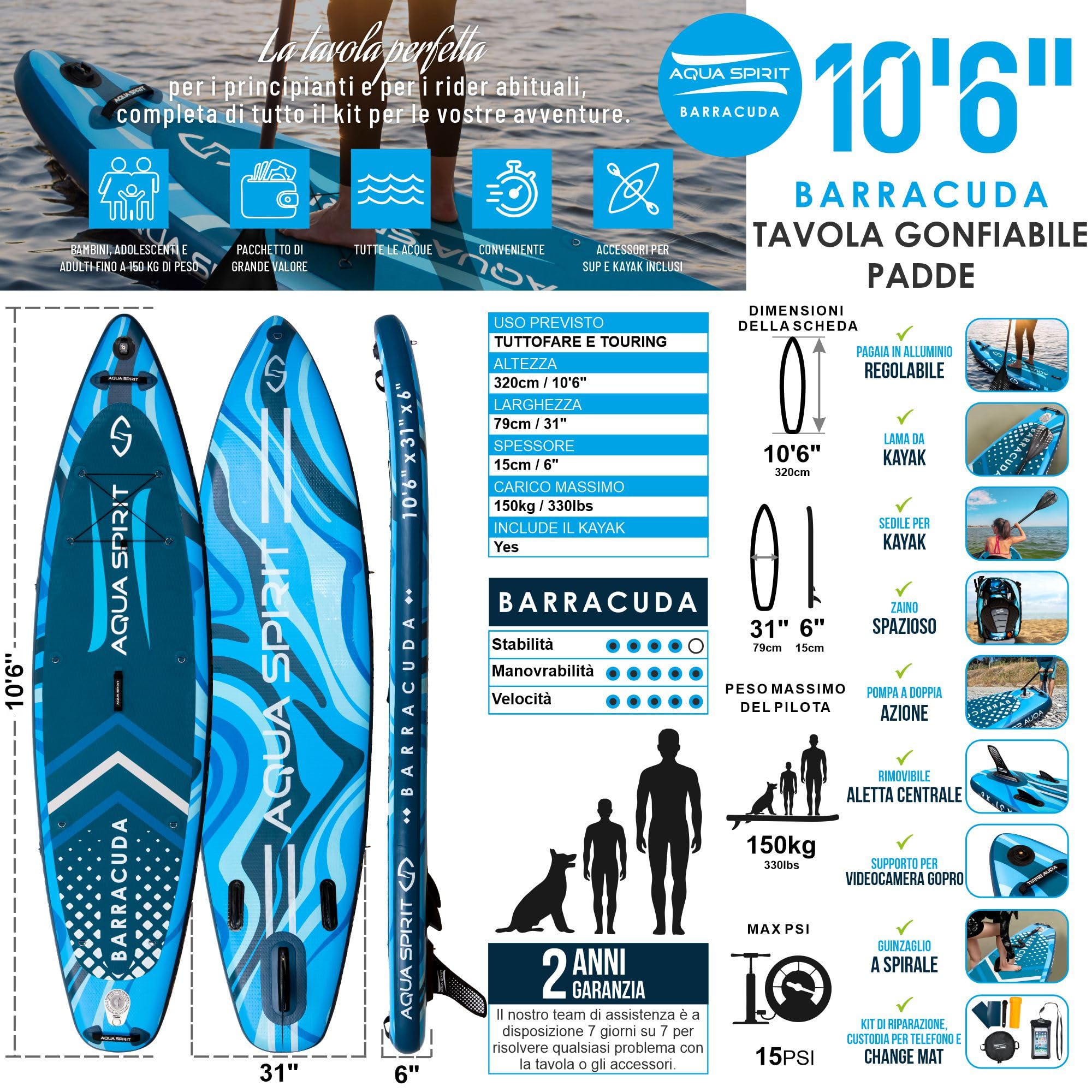 Aqua Spirit Tavola gonfiabile SUP paddle 3 m 10 m 3,8 m 4,5 m 45 cm kit convertibile SUP kayak pagaia zaino pompa