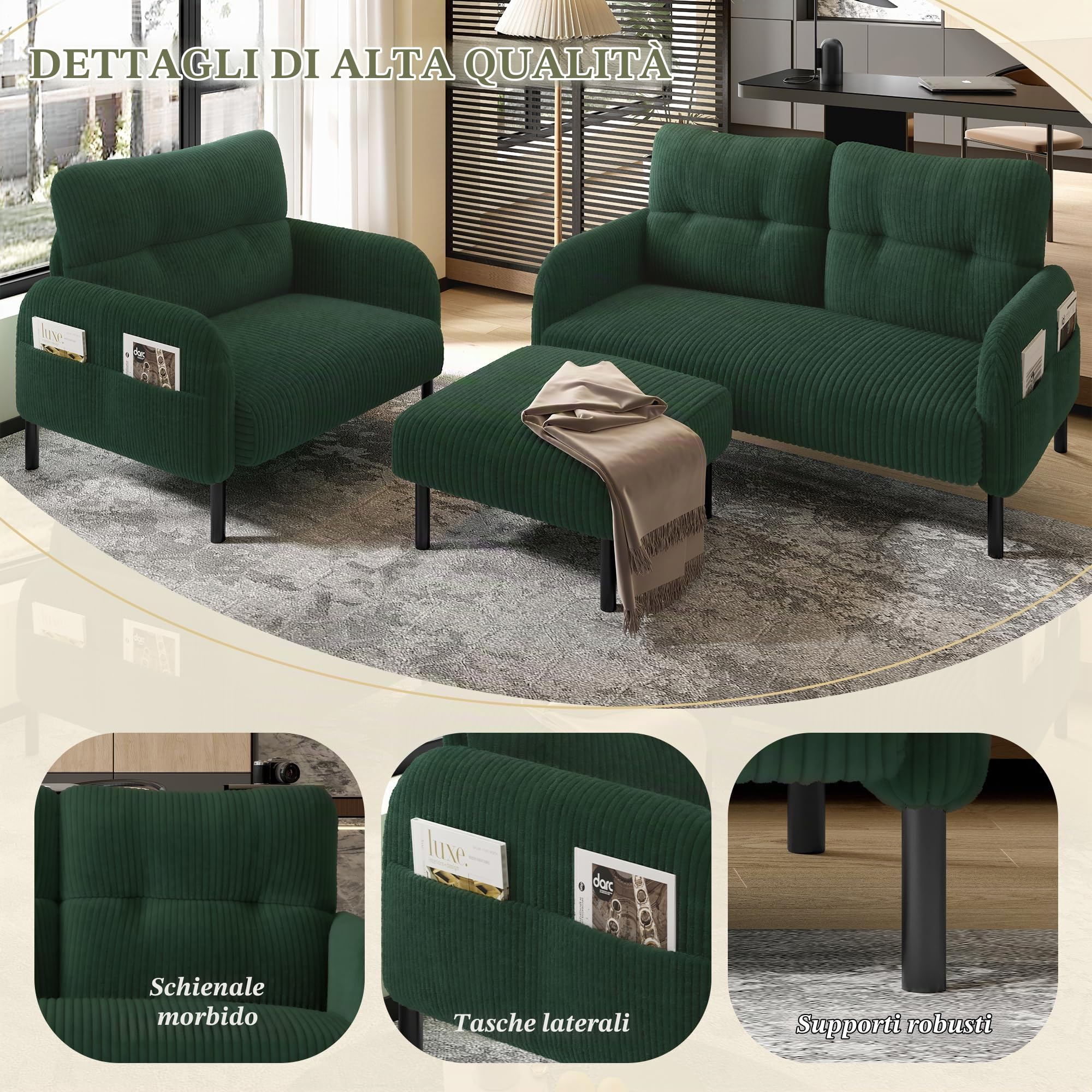 Cord Set di 3 poltrone+sgabello+divano a 2 posti con tasca laterale, struttura tubolare in acciaio e schienale extra morbido, seduta profonda, modulare, combinabile per soggiorno (verde