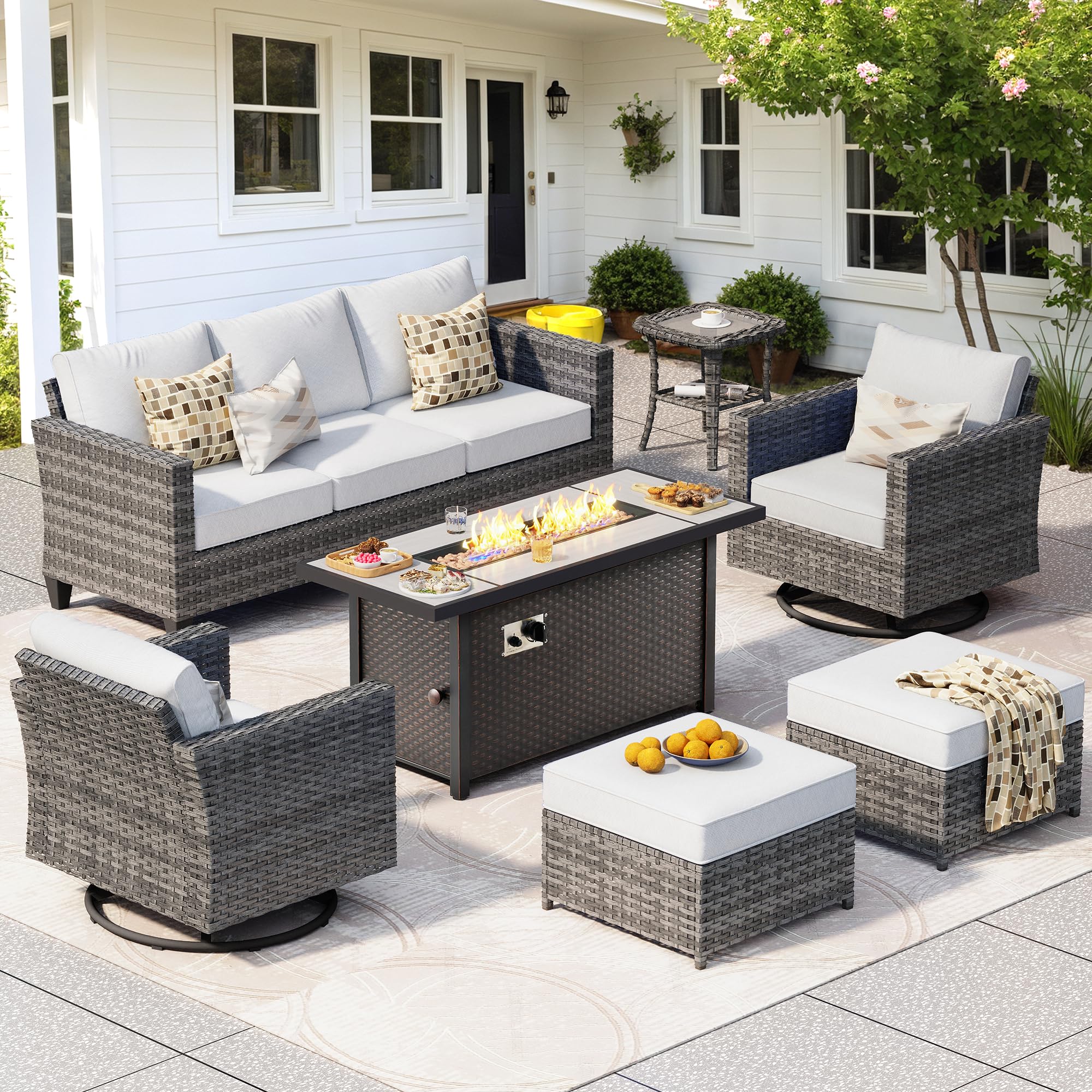 CAODOC 7-Piece Outdoor Wicker Patio Set with 7 Seats, Including 53" Fire Pit - Swivel Rocker Chairs and Conversation Set for Backyard or Lawn, Gray