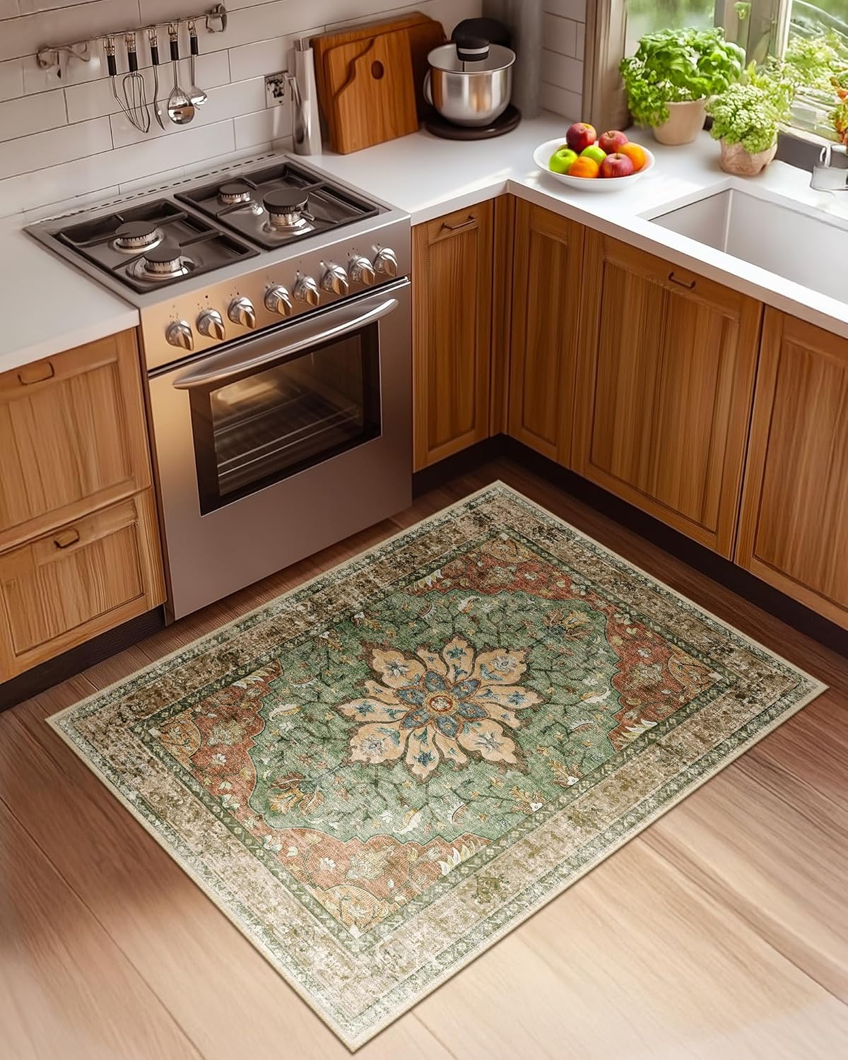 Area Rugs 3'x5' Washable Non-Slip, Floral Vintage Distress Print Pattern Medallion Carpet for Living Room Bedroom Dining Room, Brick Red Rust Red Neutral